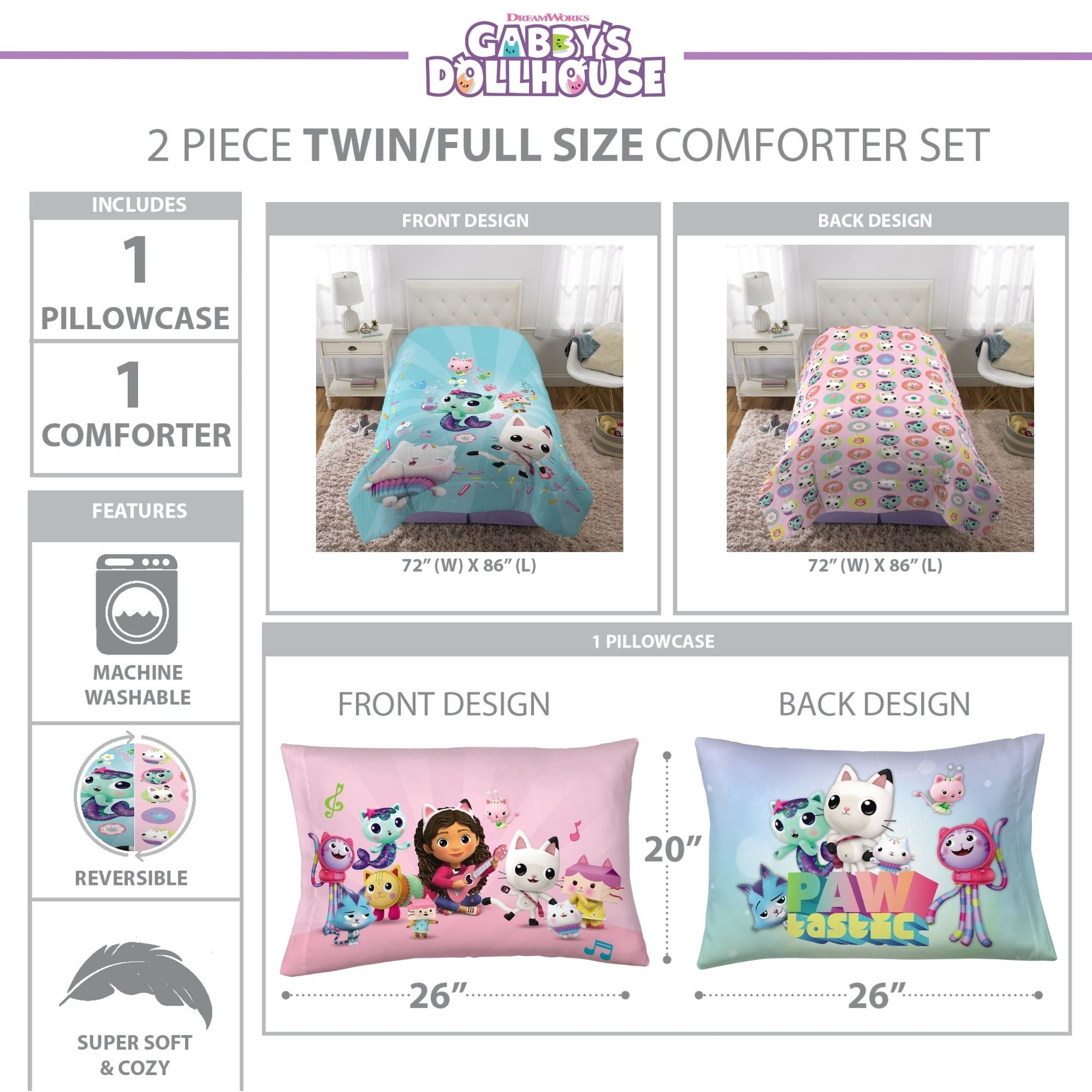 Heavyweight Warmth Gabby's Dollhouse Kids Comforter and Pillowcase, 2-Piece Set, Twin/Full, Reversible - All-Season Down Alternative Comforter Insert Detail