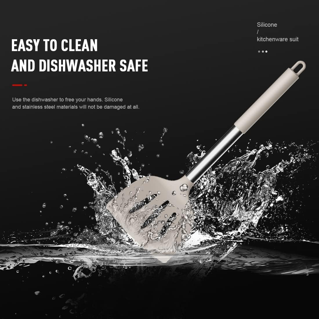 Non-Stick Safe Large Silicone Cooking Utensils Set - Heat Resistant Kitchen Utensils,Turner Tongs,Spatula,Spoon,Brush,Whisk,Stainles... - Durable Turner & Ladle Utensil Set for Home Chefs Detail