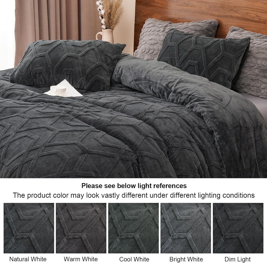 All-Season Warm Sherpa Fleece Queen Comforter Set, 3D Tufted Fluffy Dark Grey Bedding for Winter, Soft 3 Pieces Shaggy Bed Set, ... - Hypoallergenic Ultra-Fluffy Quilt for Winter Detail