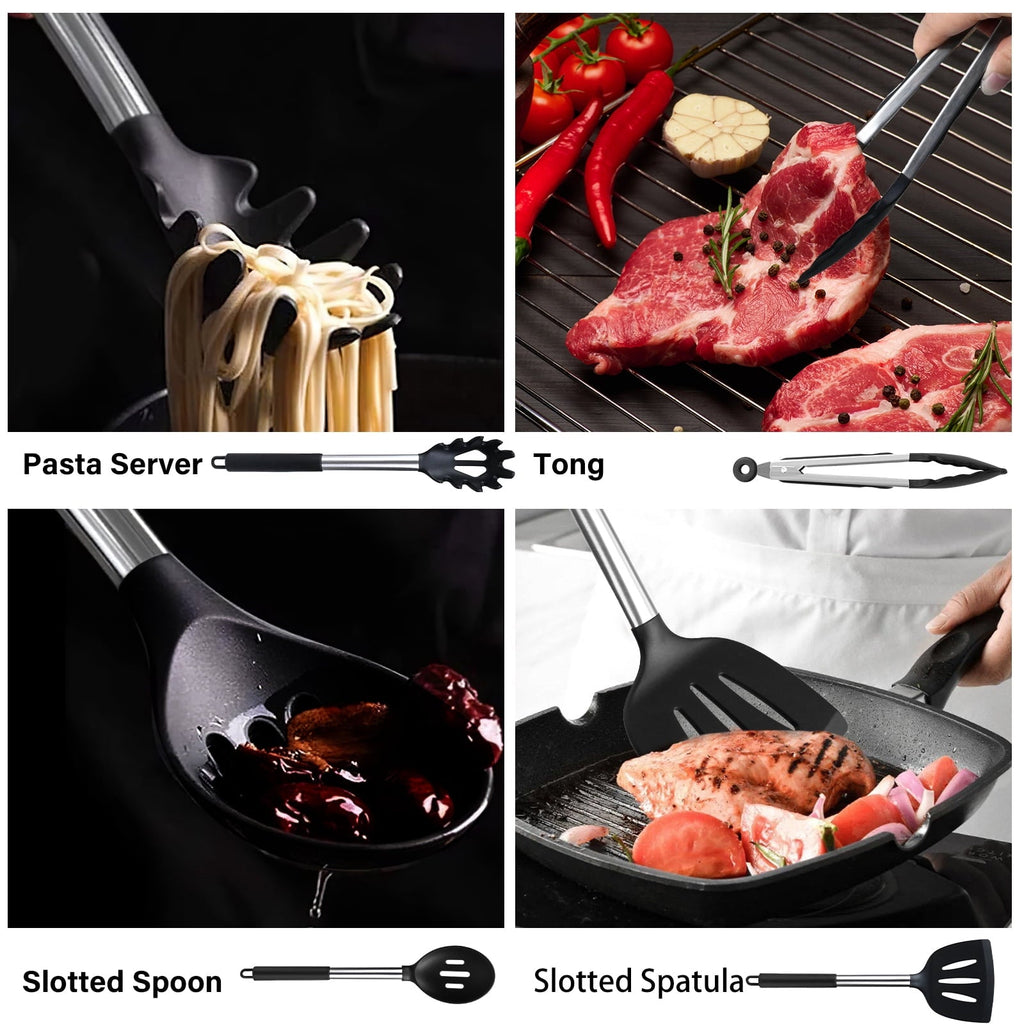 Seamless One-Piece Silicone Cooking Utensils Set, 26 Pcs, Heat Resistant Kitchen Utensils Set, Black - Ergonomic Kitchen Tongs and Cooking Spoon Utensil Detail