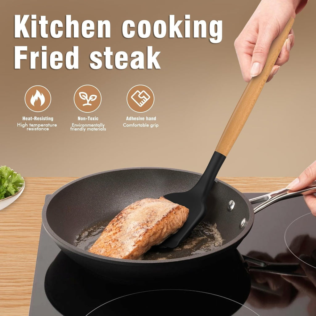 Ergonomic Manual Silicone Cooking Utensils Set - Silicone Kitchen Utensils for Cooking Wooden Handles, 446°F Heat Resistant Kitchen Ut... - Kitchen Gadget Tool for Quick Food Prep Detail