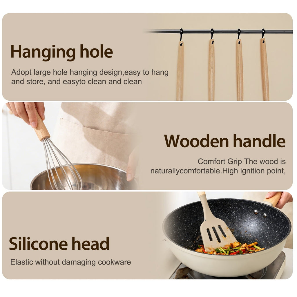 Non-Stick Safe Silicone Cooking Utensils Set, Heat Resistant Kitchen Tools, 36 PCS Non-Stick Silicone Cooking Kitchen Utensils, Khaki - Ergonomic Kitchen Tongs and Cooking Spoon Utensil Detail