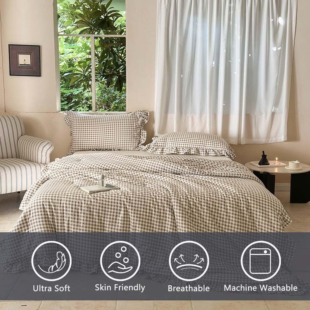 All-Season Tan Gingham Ruffle Queen Comforter Set, Taupe Ruffled Plaid Bedding Set, Ruffled Checked Bed Comforter 3 Pieces(Tan G... - All-Season Down Alternative Comforter Insert Detail