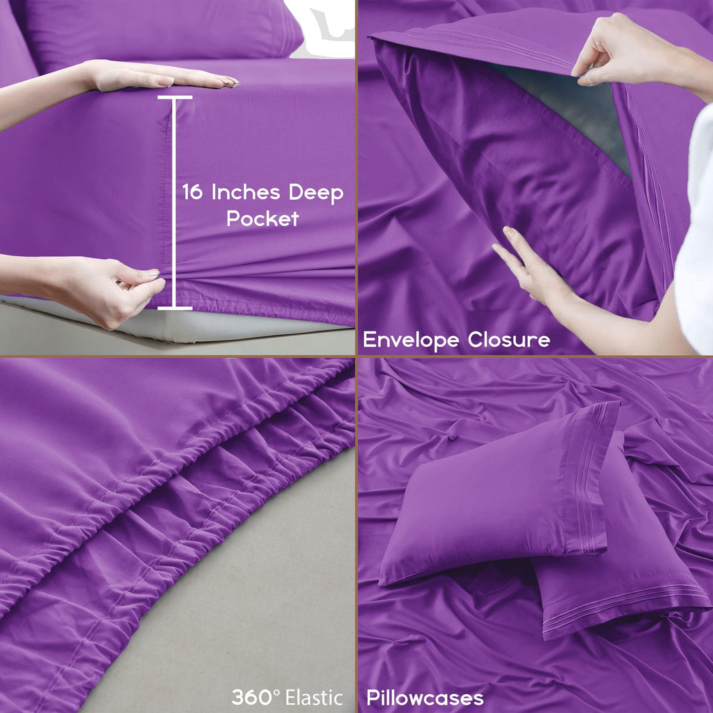 Premium Egyptian Cotton King Bed Sheets - 16 Inch Deep Pocket 6 Piece Microfiber Bedding Sheets & Pillowcase Sets - Purple - Breathable Egyptian Cotton Flat & Fitted Sheets Detail