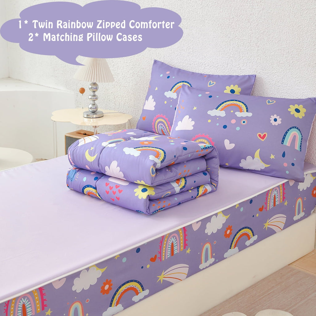 Hypoallergenic Cloud Zipper Kids Comforter Set, 3-Piece Purple Twin Bed in a Bag, Cartoon Rainbow Stars Flowers Printed Zip Up Comforter S... - All-Season Down Alternative Comforter Insert Detail