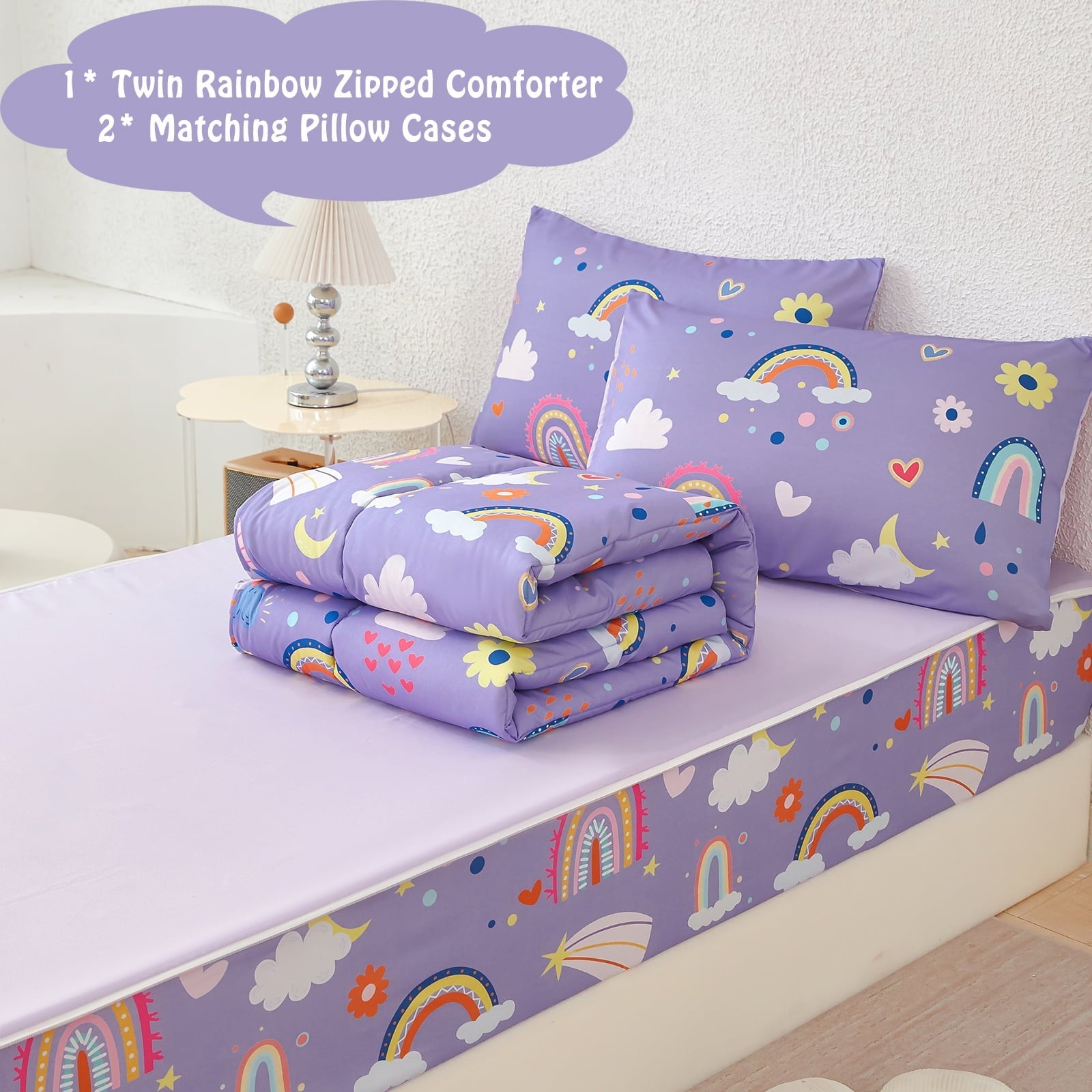Hypoallergenic Cloud Zipper Kids Comforter Set, 3-Piece Purple Twin Bed in a Bag, Cartoon Rainbow Stars Flowers Printed Zip Up Comforter S... - All-Season Down Alternative Comforter Insert Detail