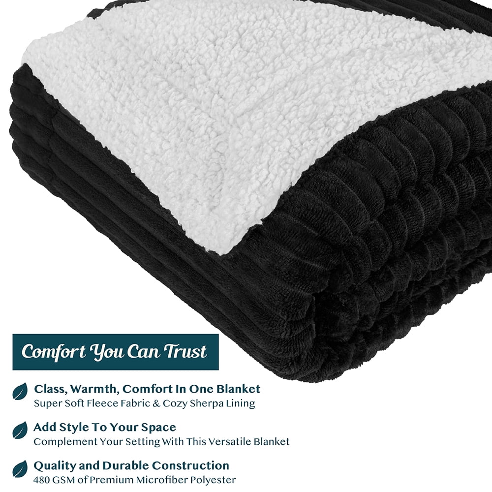 Cozy Fleece Reversible Sherpa Fleece Throw Blanket Black, Plush Flannel Throw, Ultra Soft Warm Ribbed Microfiber Blanket for Sofa... - Cozy Fleece Throw Blanket for Couch & Bed Detail