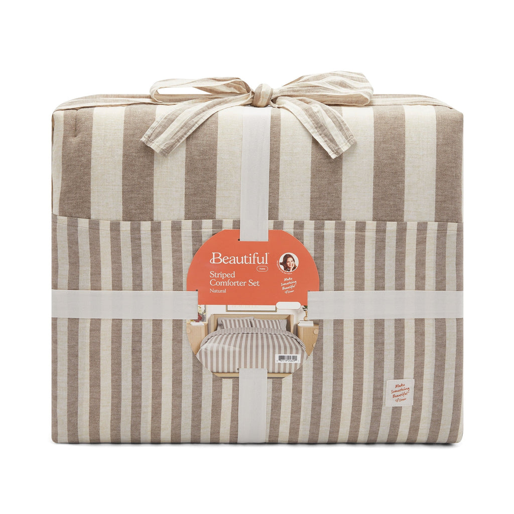 Luxurious Quilted 100% Cotton Striped 3-Piece Natural Comforter Set, Full/Queen - Hypoallergenic Ultra-Fluffy Quilt for Winter Detail