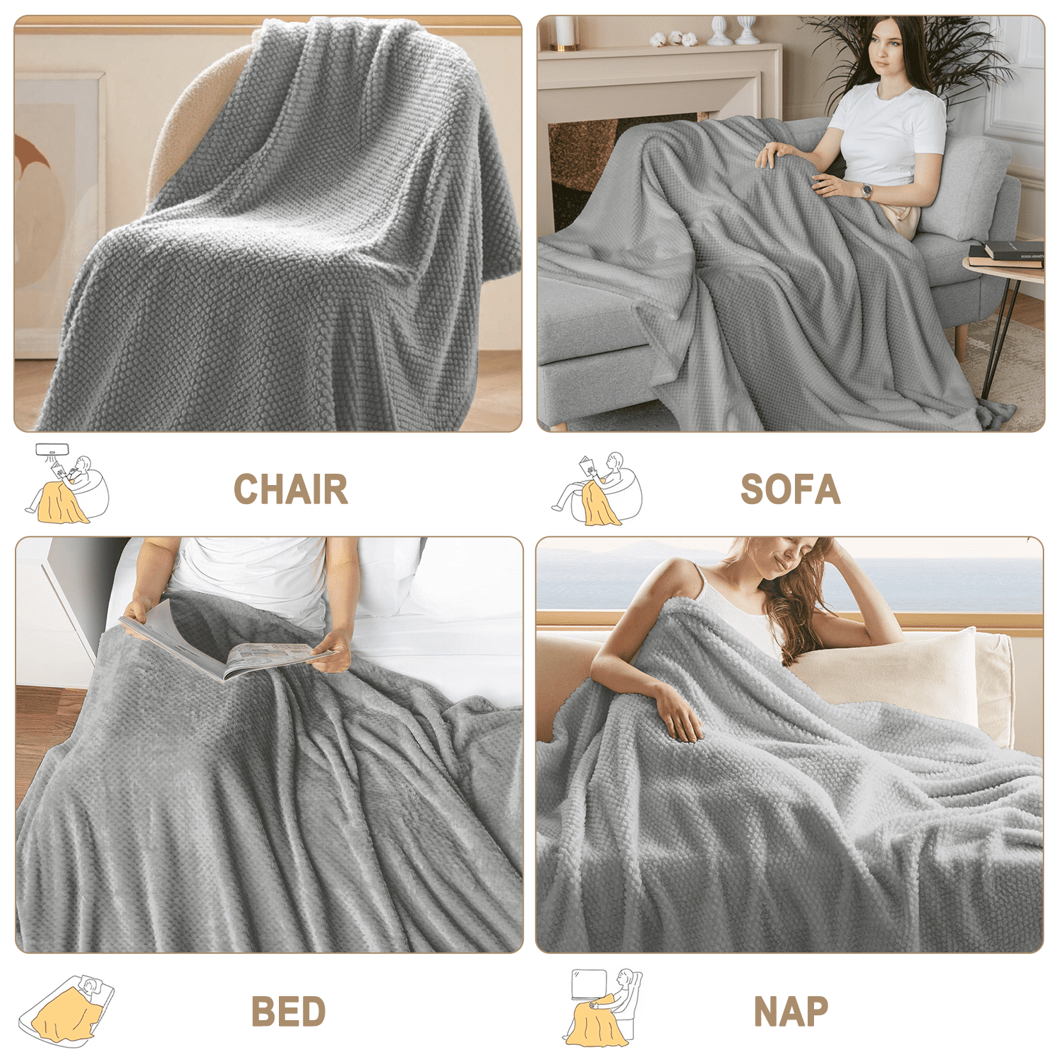 Super Soft Flannel Throw Blanket, Decorative Throws with Waffle Wave Design, Super Soft Plush Fuzzy Blankets , Luxury Lightweight and Br... - Luxury Knitted Decorative Throw Blanket with Fringes Detail