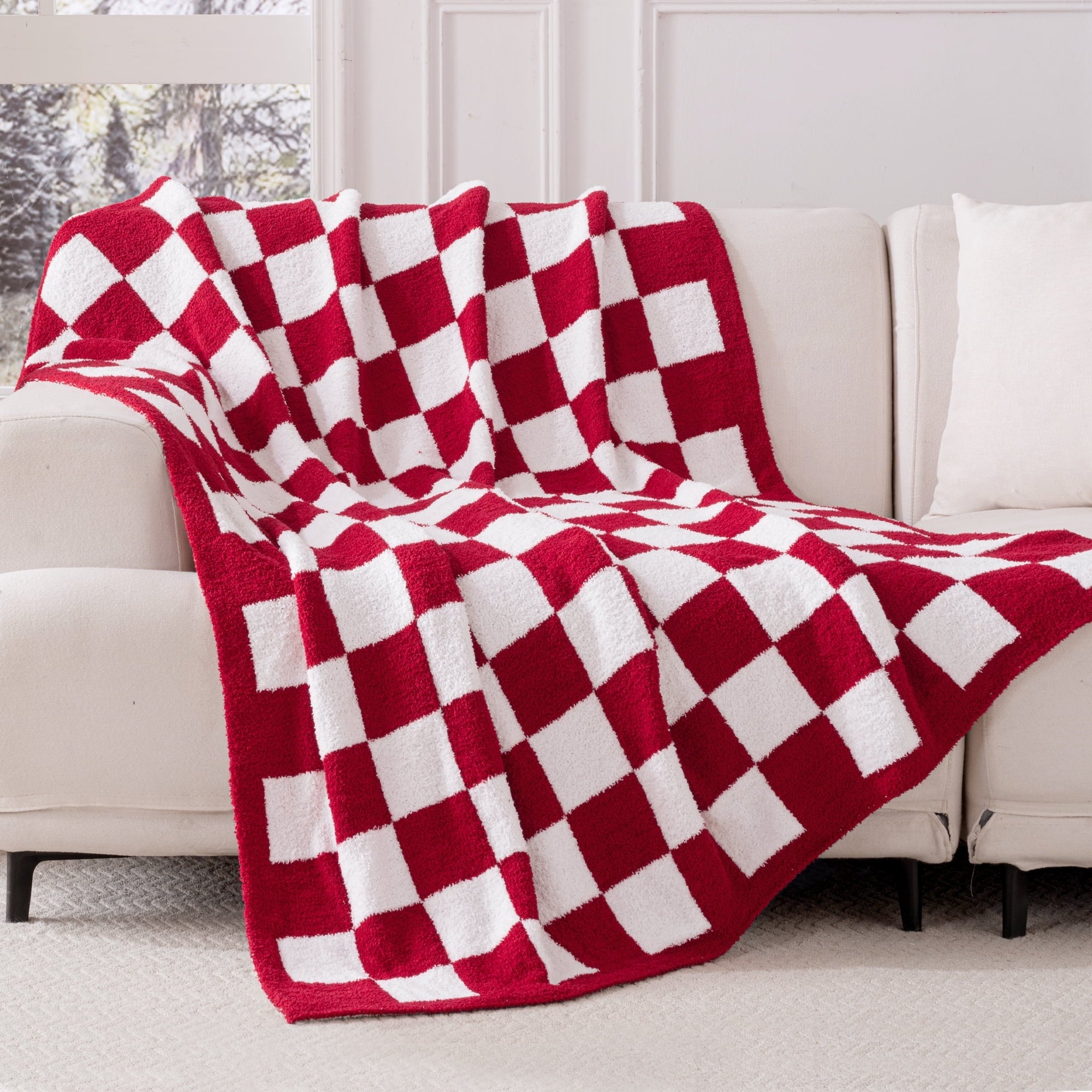 Cozy Fleece Checkered Knit Throw Blanket, Ultra Soft Cozy Fluffy Checkerboard Blankets, Lightweight Fuzzy Plush Throw for Couch a... - Luxury Knitted Decorative Throw Blanket with Fringes Detail