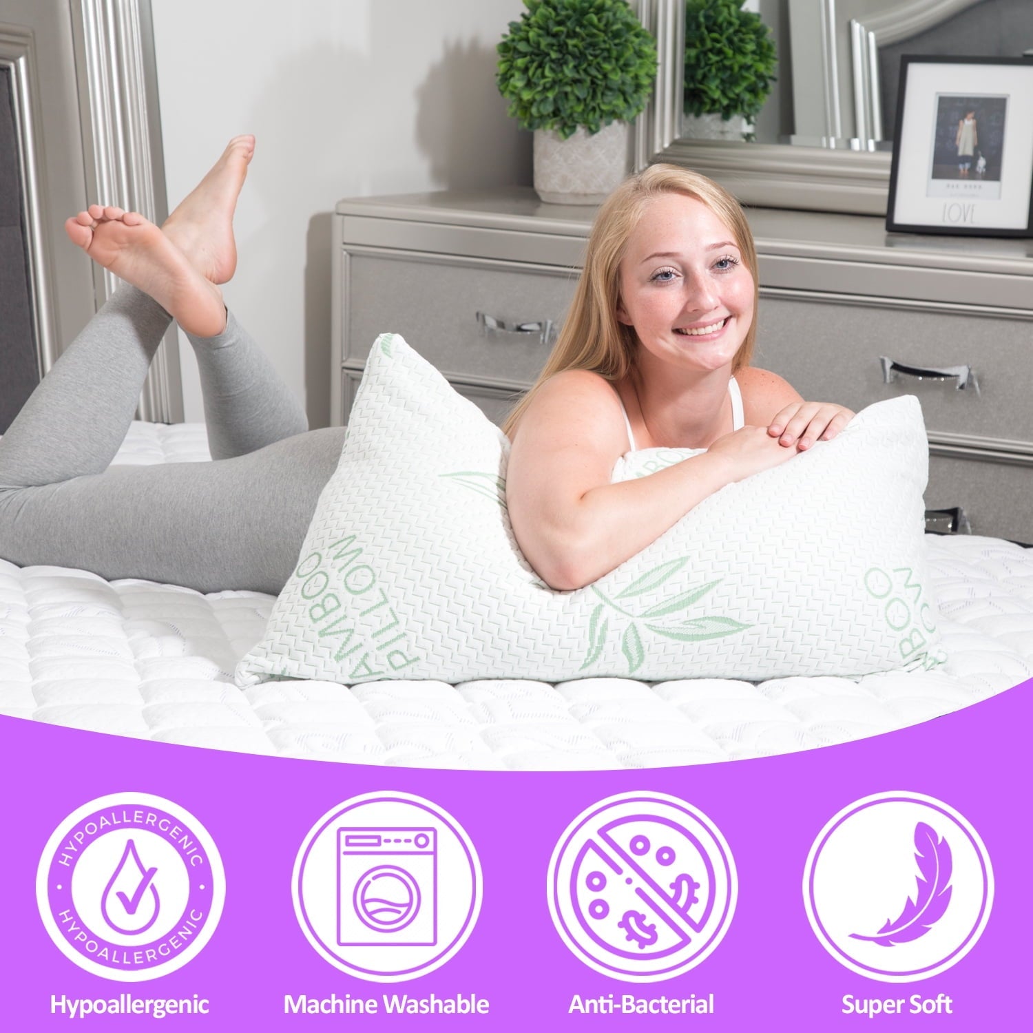 Hotel Collection King Size Bamboo Pillow, Memory Foam Bed Pillows with Washable Pillowcases, King - Ergonomic Memory Foam Pillow for Neck Pain Support Detail