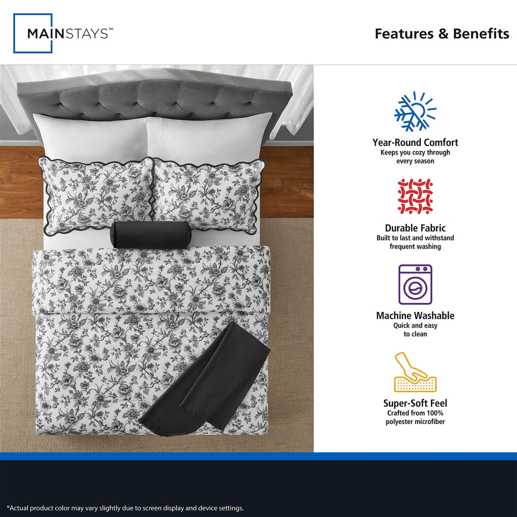 Fluffy Down Alternative Floral Scallop 4-Piece White/Black Comforter Set, Twin/Twin XL - Luxurious Quilted Duvet Cover Set Detail