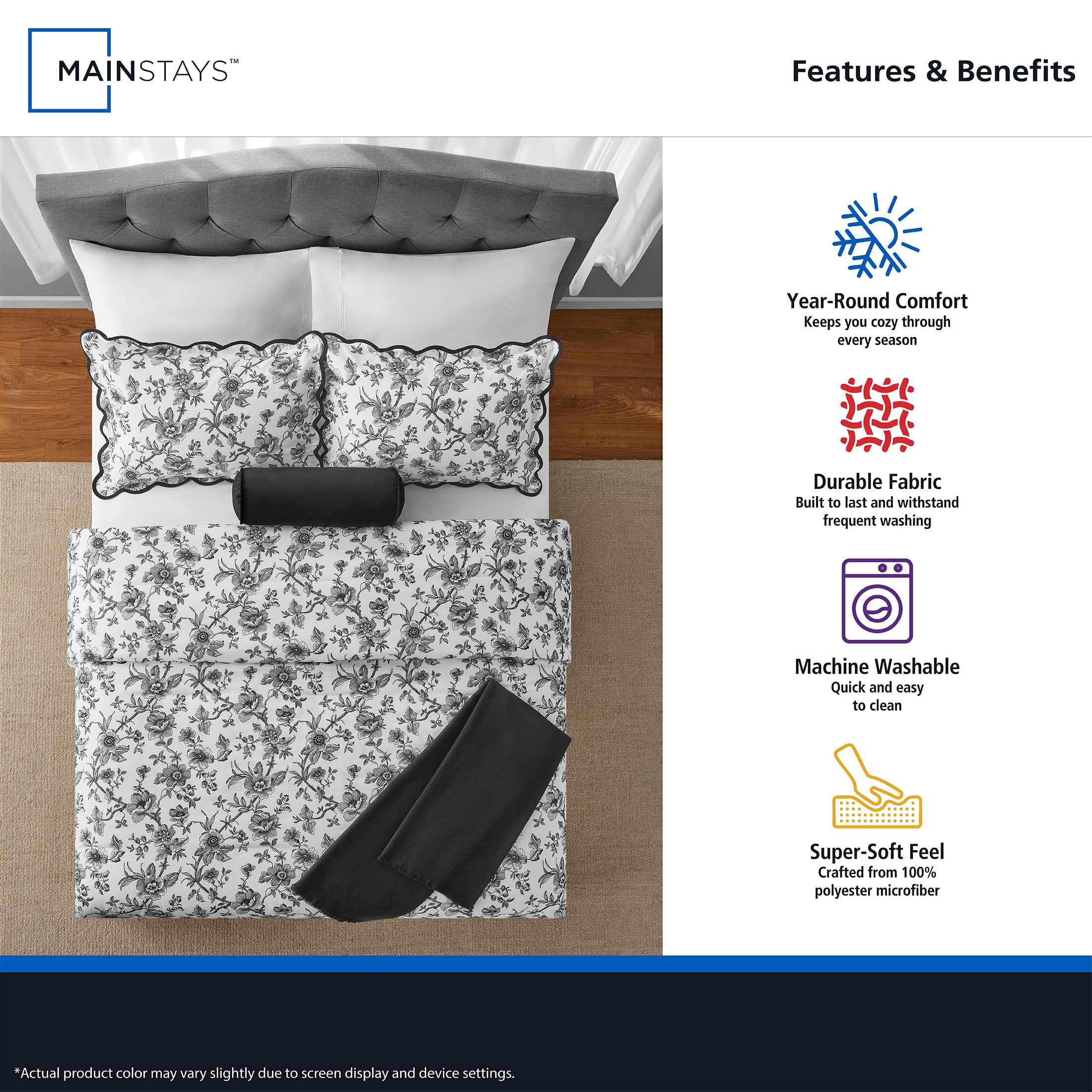 Fluffy Down Alternative Floral Scallop 4-Piece White/Black Comforter Set, Twin/Twin XL - Luxurious Quilted Duvet Cover Set Detail