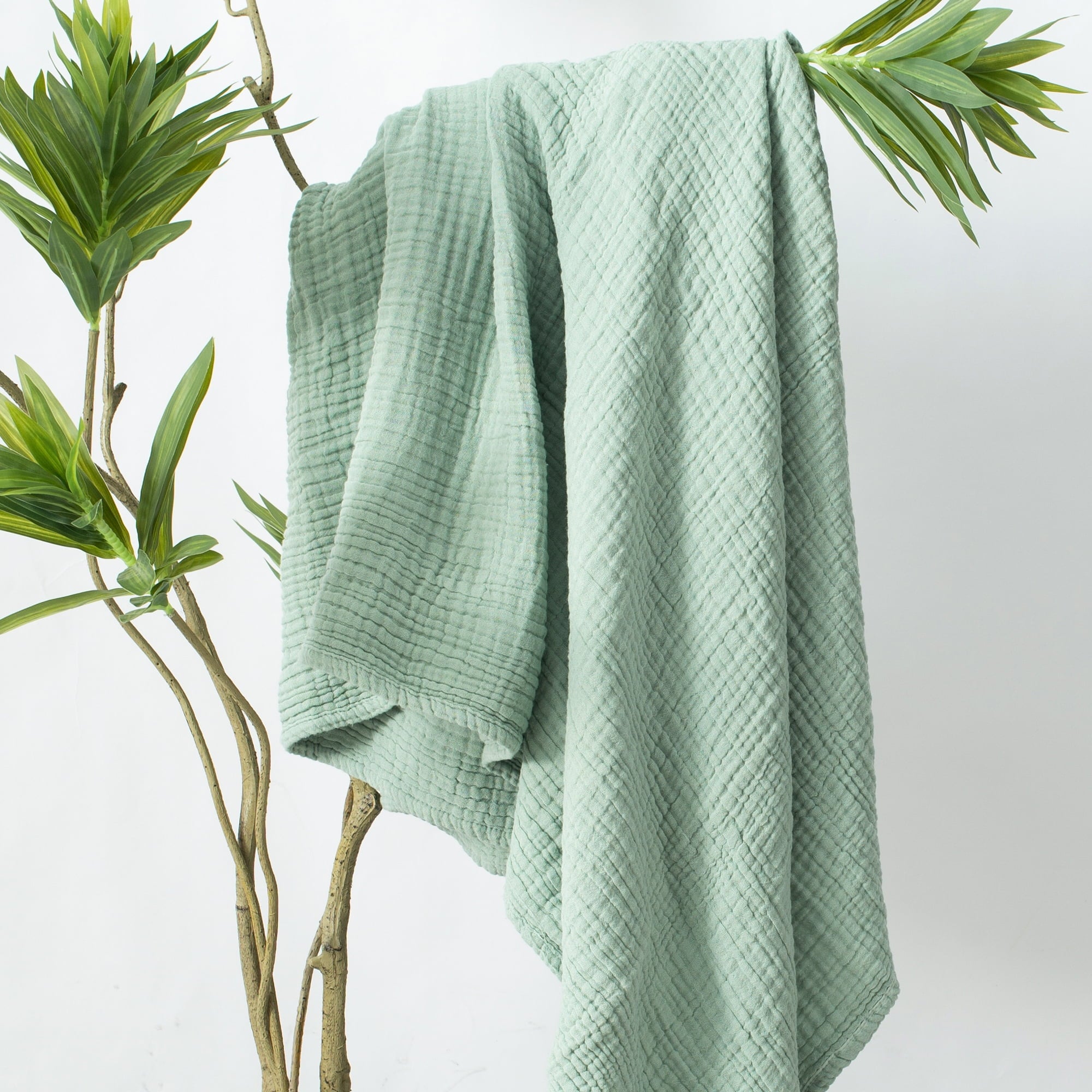Decorative Knitted 100% Cotton Muslin Throw Blanket Gauze Blankets for Adults Soft Throws for Bed and Couch, 50" x 70" Sage Green - Luxury Knitted Decorative Throw Blanket with Fringes Detail