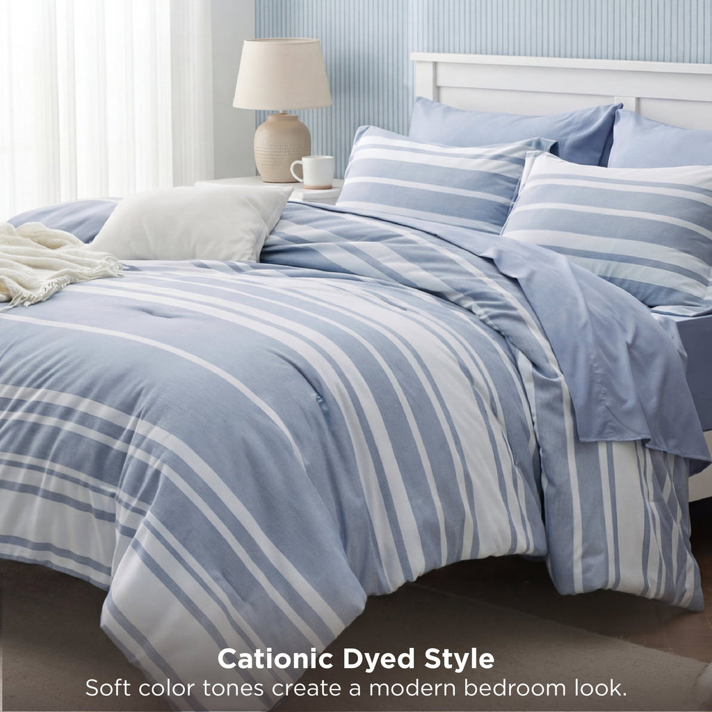 Heavyweight Warmth Queen Comforter Set Blue, Bed in a Bag Queen Size Bedding 7-Pieces, Striped Bedding Set for All Seasons - Cloud-Like Soft Lightweight Bed Comforter Detail