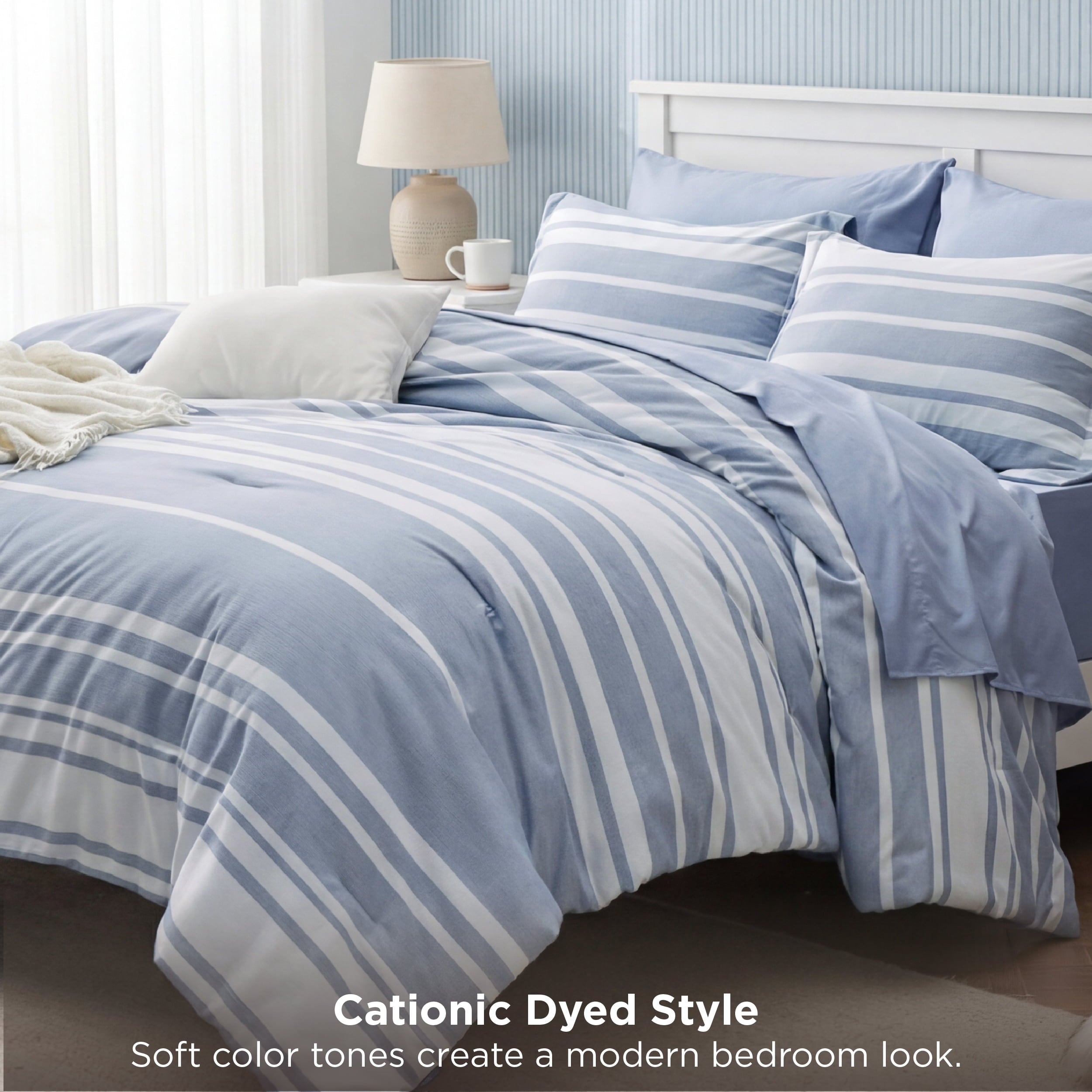 Heavyweight Warmth Queen Comforter Set Blue, Bed in a Bag Queen Size Bedding 7-Pieces, Striped Bedding Set for All Seasons - Cloud-Like Soft Lightweight Bed Comforter Detail