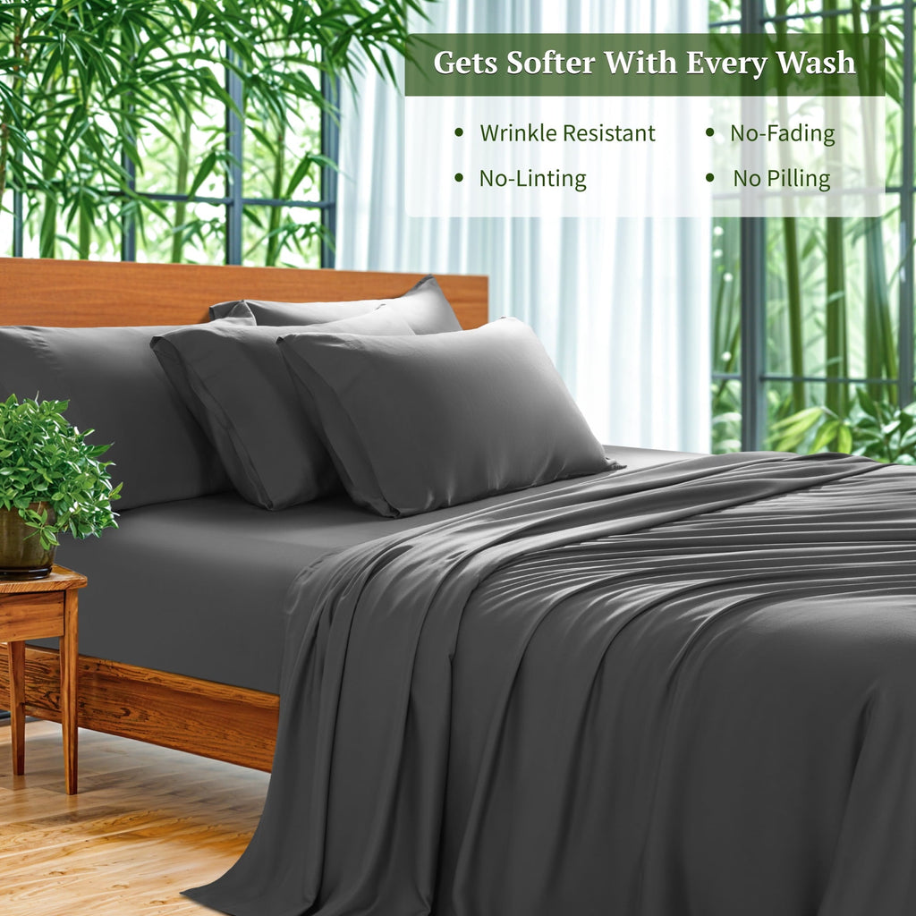 Ultra-Soft 6 Pieces Bamboo Bed Sheets Set, Luxury Rayon Derived - Deep Pockets - Wrinkle Free - Extremely Soft, Queen, Dark Gray - Premium Ultra-Soft Pillowcase Pair for Sleeping Detail