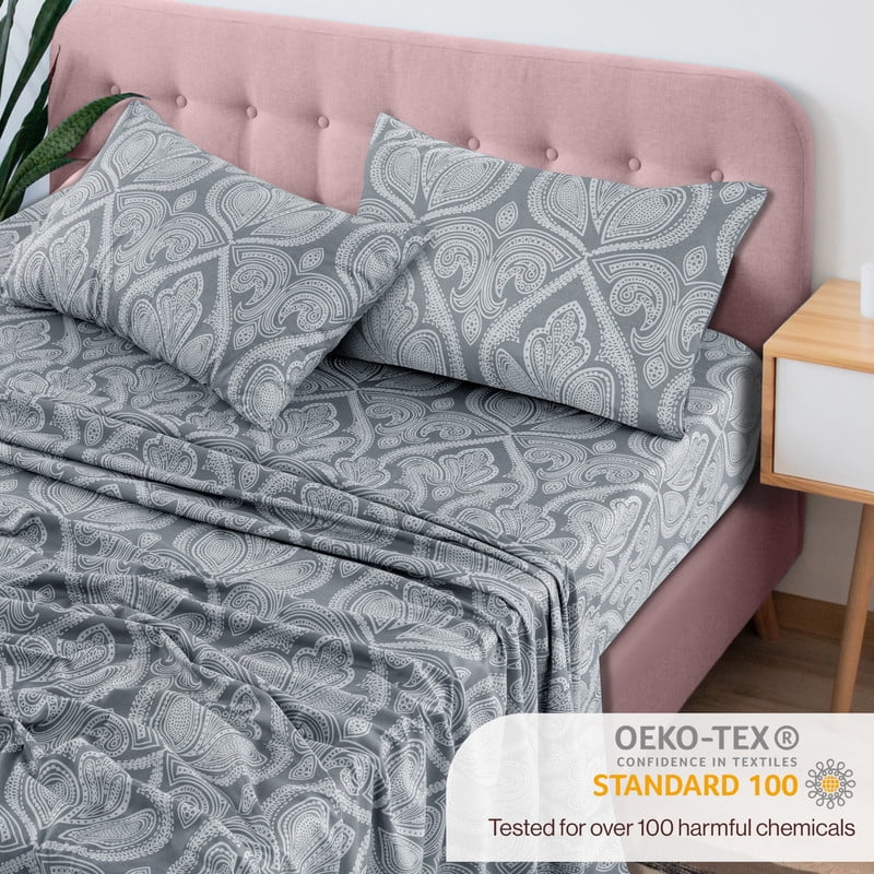Breathable Luxury Lux Decor 4 Piece Queen Sheet Set, Brushed Microfiber Paisley Printed Bed Sheet Set with up to 16" Deep Pocket Fitted... - Luxury Bed Sheet Set with Deep Pockets Detail
