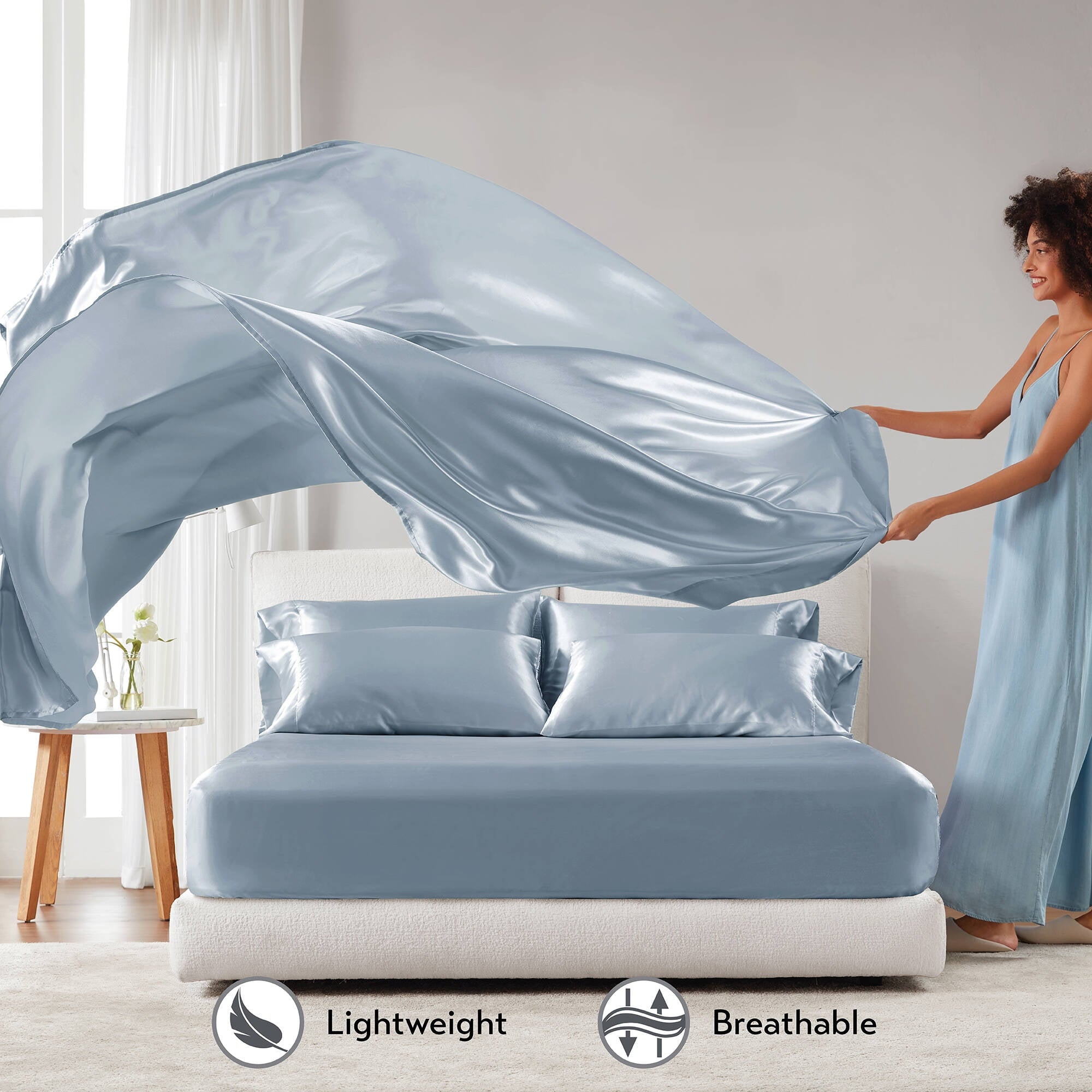 Breathable Luxury Satin Sheet Set, Twin Bed Sheets with Pillowcases, 4-Piece Luxury Silky Sheet Set, Blue, Gifts for Women - Breathable Egyptian Cotton Flat & Fitted Sheets Detail