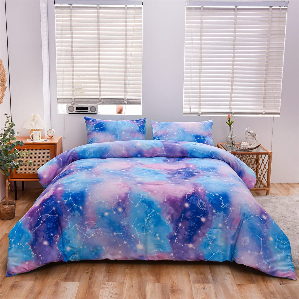 Luxurious Quilted Tie Dye Constellation Ombre Comforter Set Twin Gradient Galaxy Bedding Set Blue Purple - Hypoallergenic Ultra-Fluffy Quilt for Winter Detail