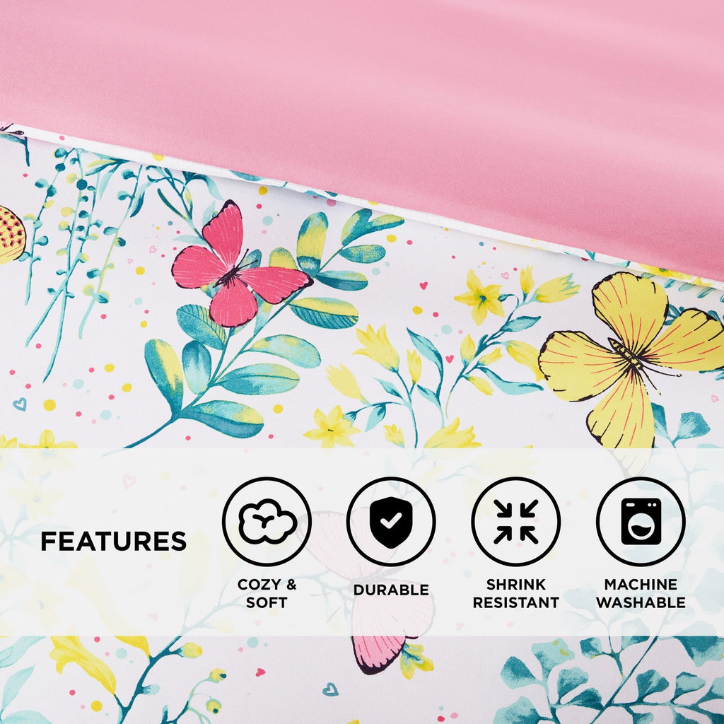 All-Season Full/Queen Size Comforter Sets, 4-Piece Kids Bedding Set for Girls, Butterfly Floral Comforter Bed Set, White/Pink - Luxurious Quilted Duvet Cover Set Detail