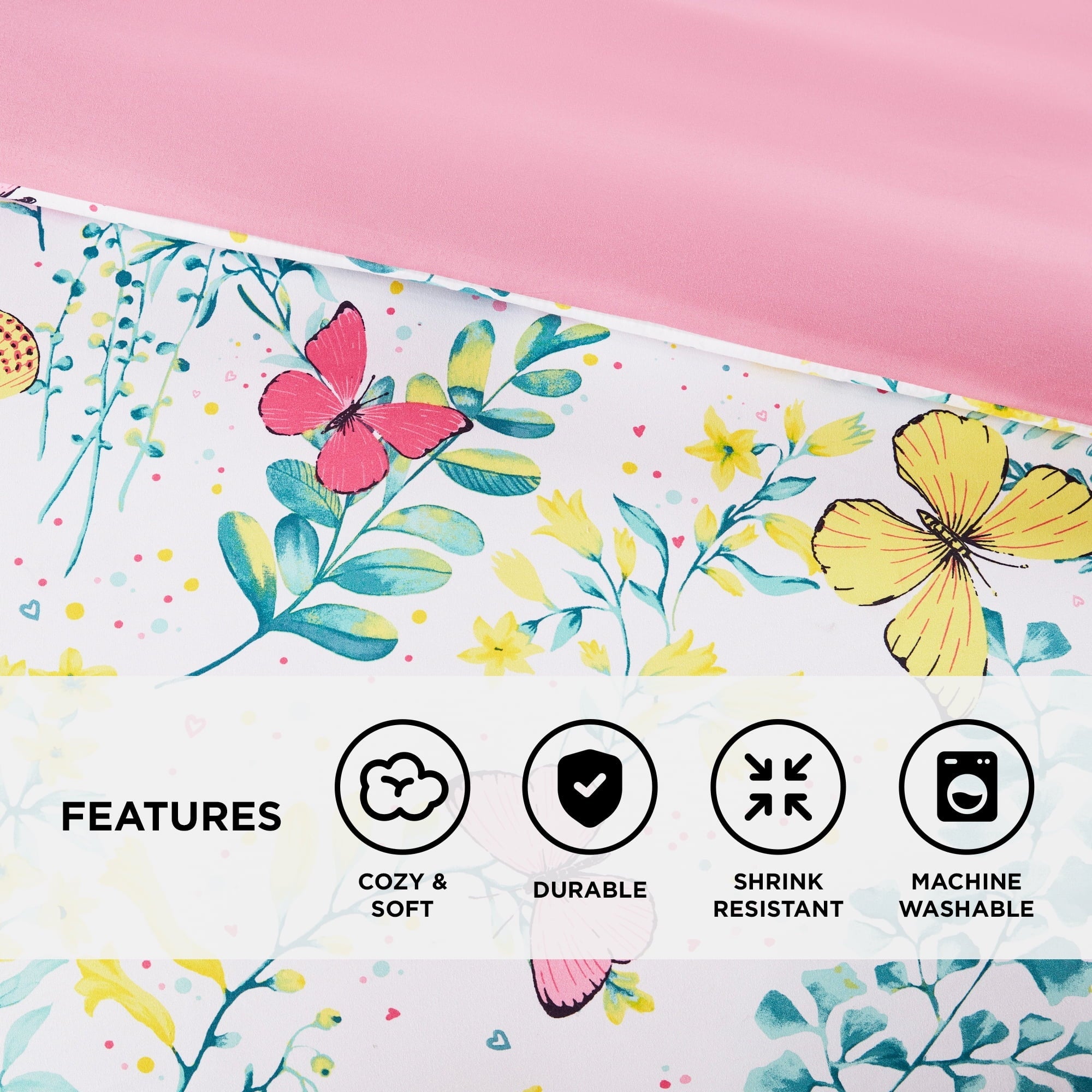 All-Season Full/Queen Size Comforter Sets, 4-Piece Kids Bedding Set for Girls, Butterfly Floral Comforter Bed Set, White/Pink - Luxurious Quilted Duvet Cover Set Detail