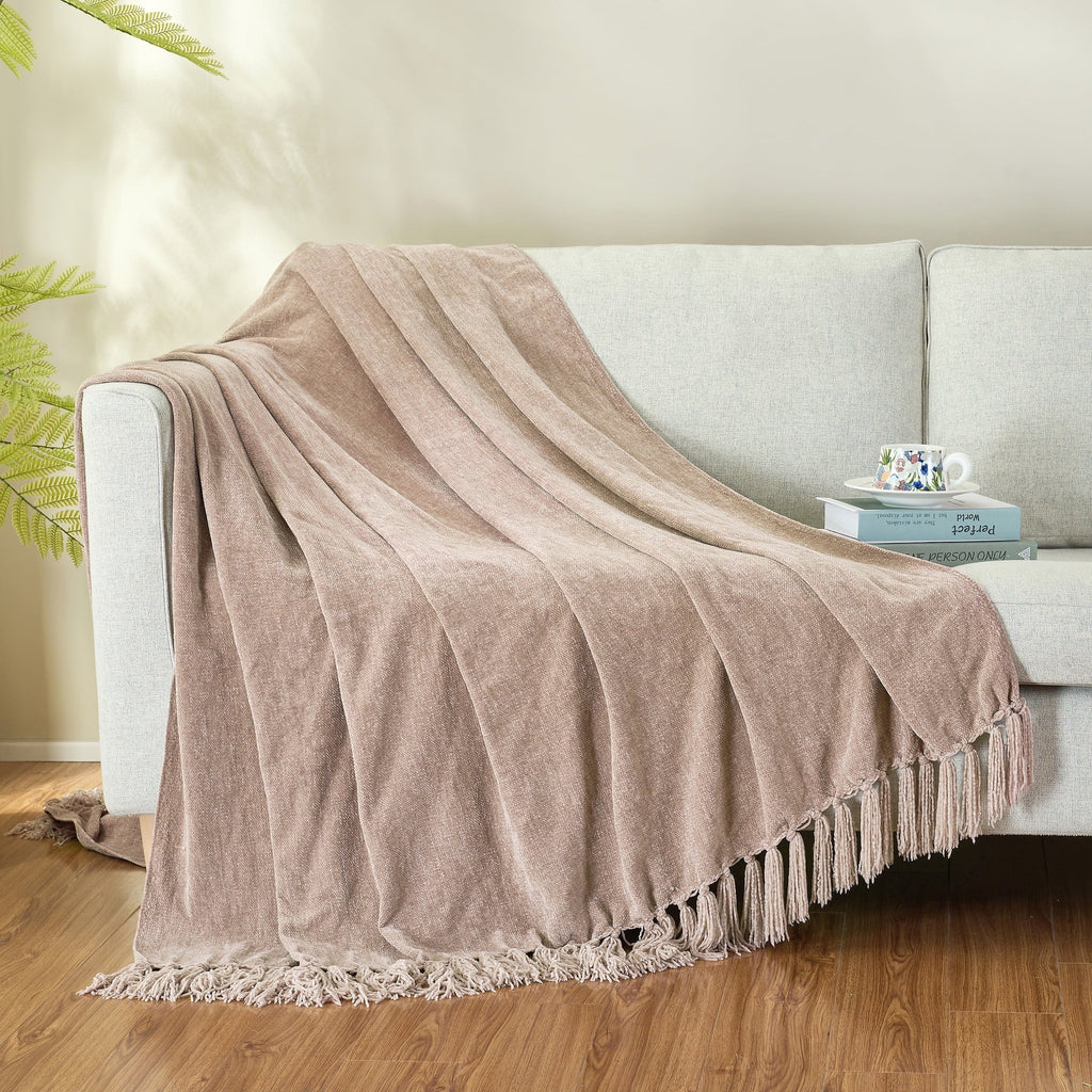 Lightweight Warm Chenille Throw Blanket with Fringe Tassel for Couch Sofa Chair Bed, Taupe 50" X 60" - Luxury Knitted Decorative Throw Blanket with Fringes Detail