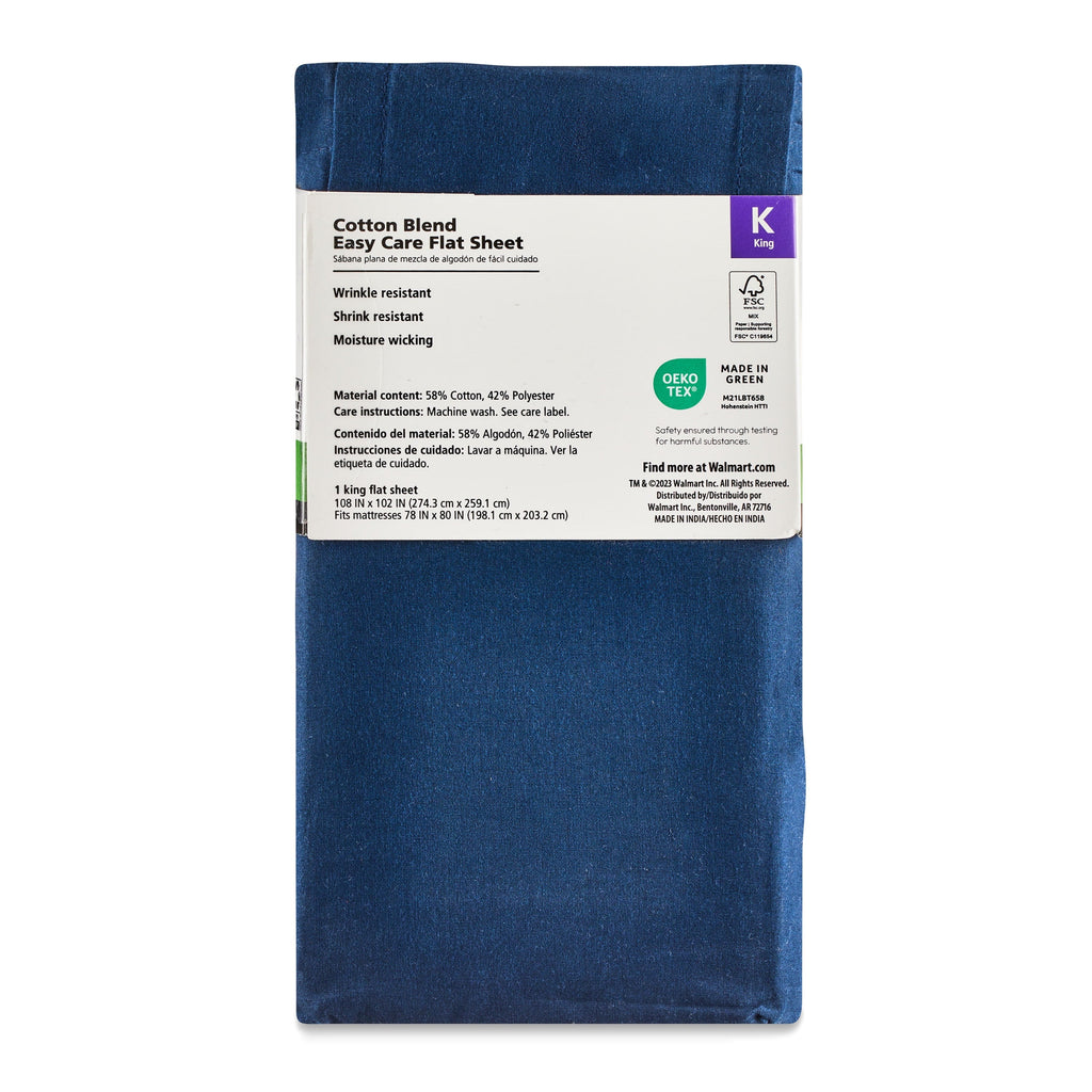 Breathable Luxury 300 Thread Count Easy Care Blue Cove Cotton Blend Percale Flat Bed Sheet, King - Cooling Hotel Quality Bedding Sheets and Pillowcases Detail