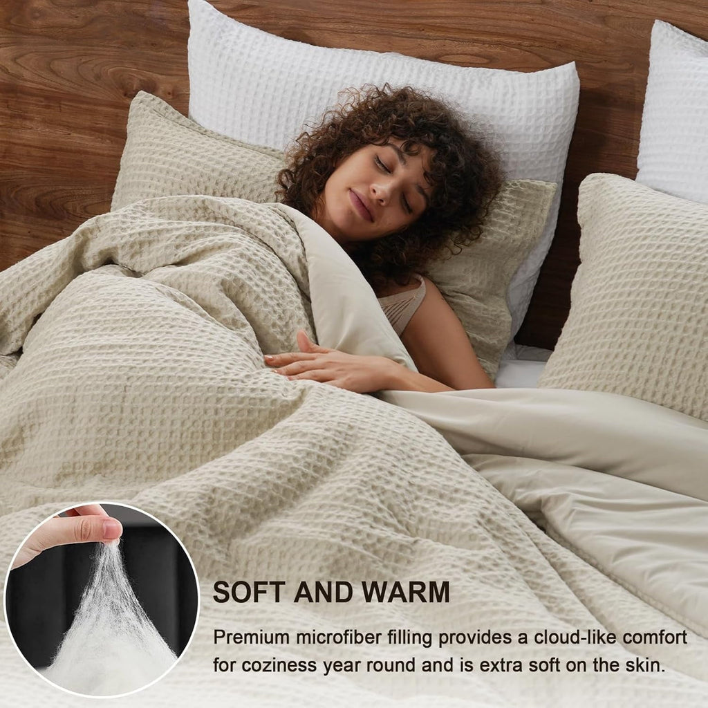Heavyweight Warmth 3-Piece Waffle Weave Comforter Set Queen Size, Lightweight Comfy Bedding Set for All Season, Ultra Soft Textured 1 Co... - All-Season Down Alternative Comforter Insert Detail