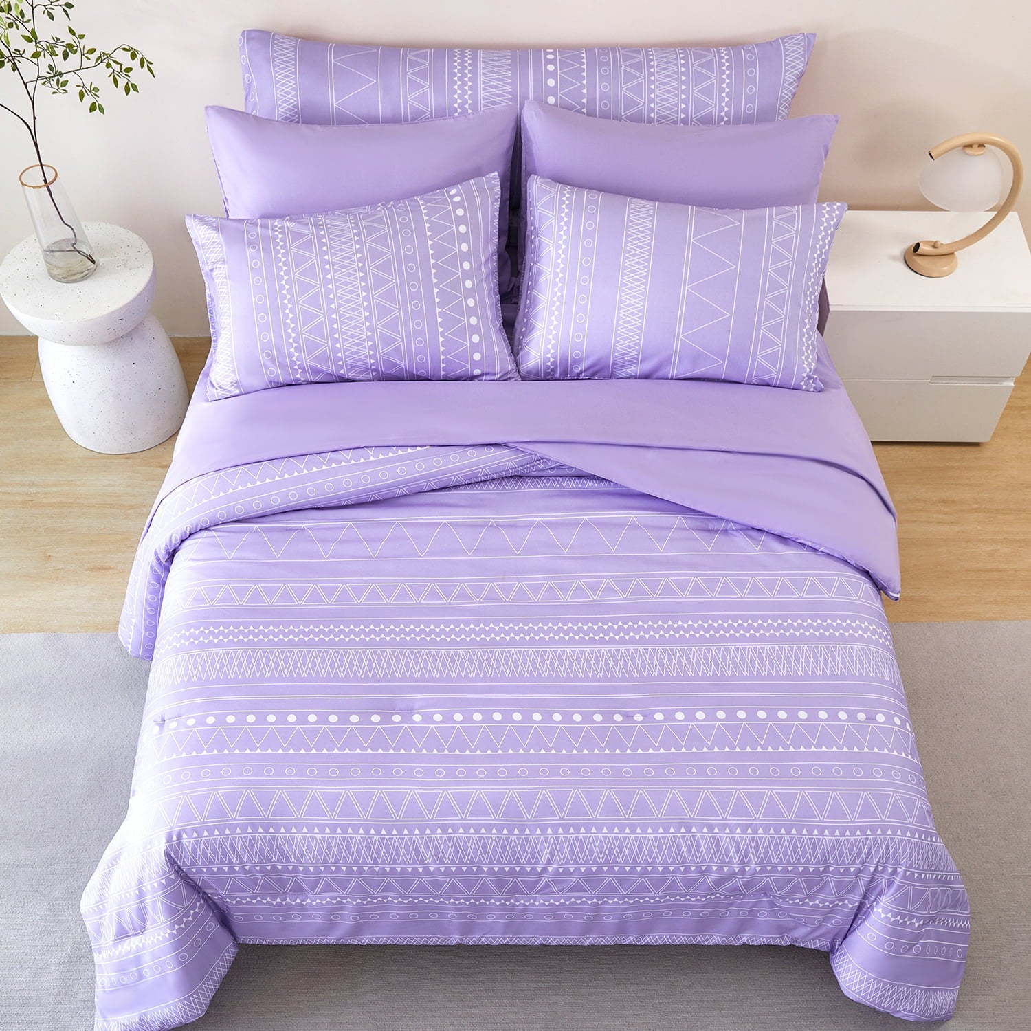 All-Season 8-Pieces Boho Bedding Set Full Lavender Striped Bed in a Bag for Girls Women Soft Fluffy Purple Comforter Set with Sh... - All-Season Down Alternative Comforter Insert Detail