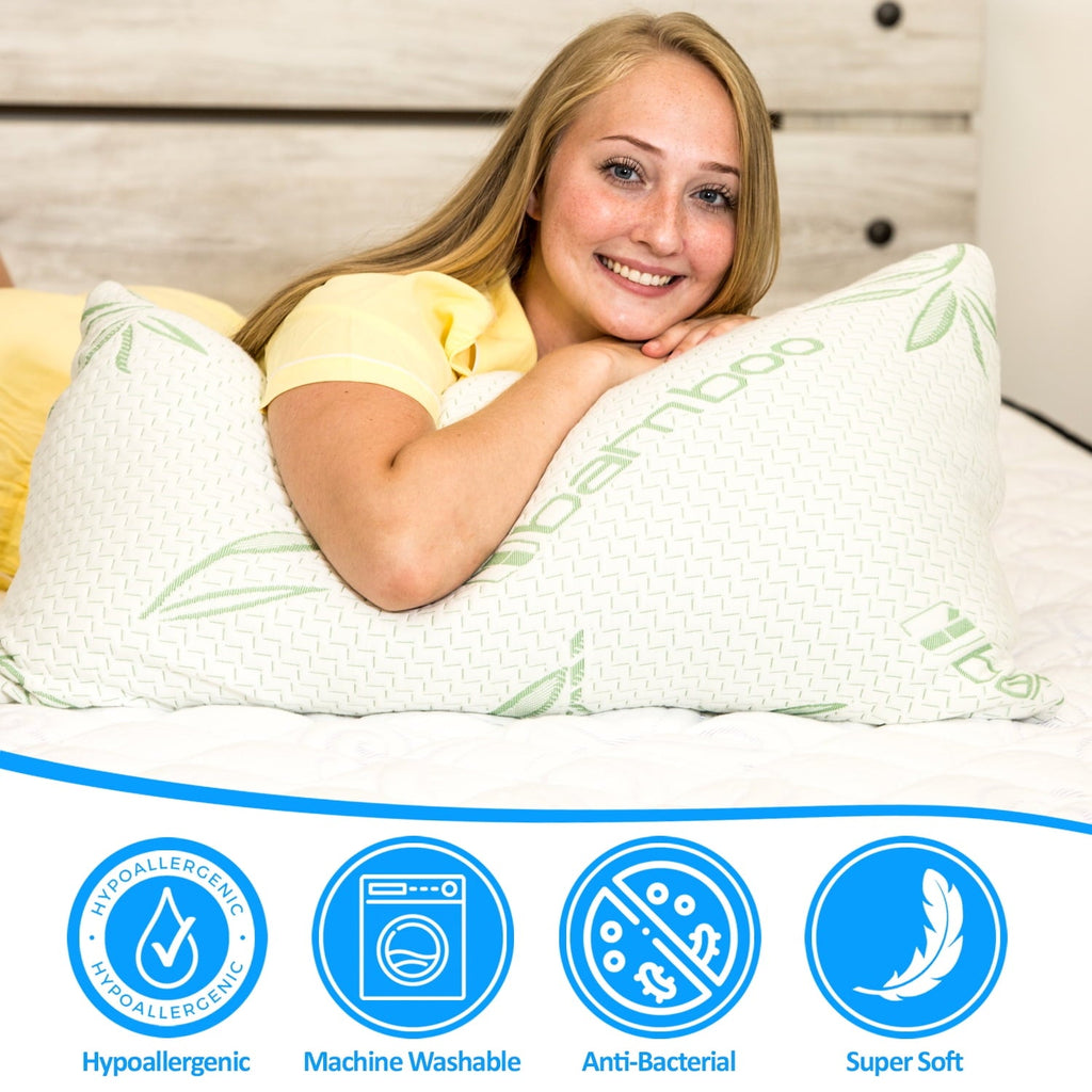 Hotel Collection Queen Size Bamboo Pillow, Memory Foam Bed Pillows with Washable Pillowcases, Queen - Orthopedic Shredded Foam Bed Pillow Set Detail