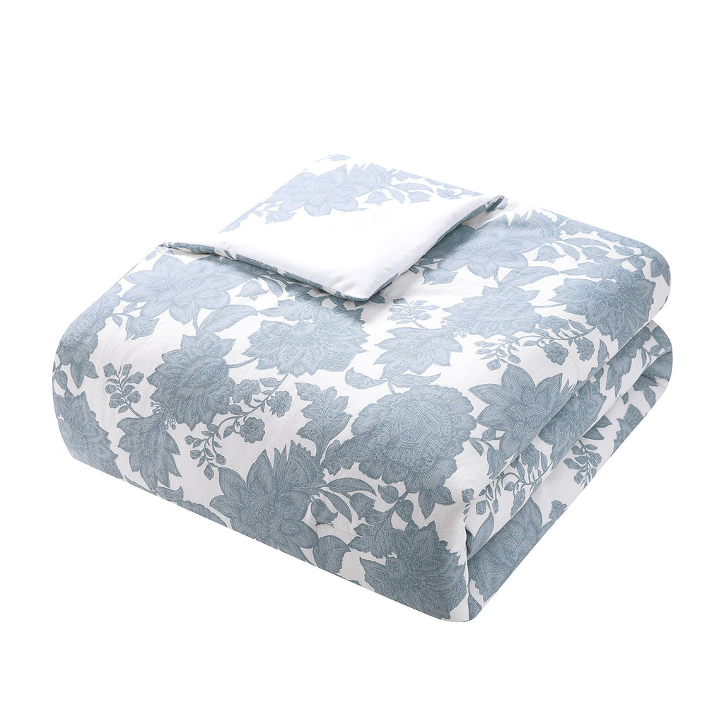 Heavyweight Warmth Veronica 3-Piece Blue Floral Cotton Slub Comforter Set, King - Luxurious Quilted Duvet Cover Set Detail