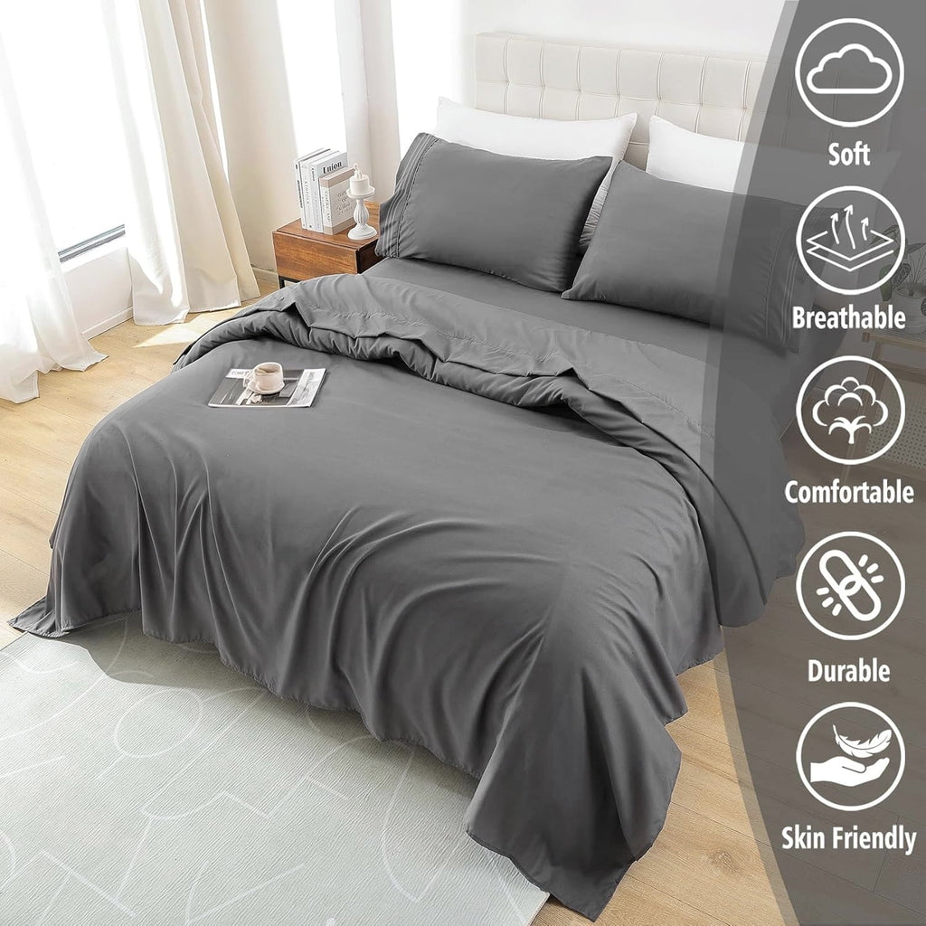 Premium Egyptian Cotton 4 Piece Bed Sheet Set, Queen Size Upgraded Cooling Deep Pocket Comfy Breathable Hotel Luxury Bedding, Extra Soft Wrin... - Breathable Egyptian Cotton Flat & Fitted Sheets Detail