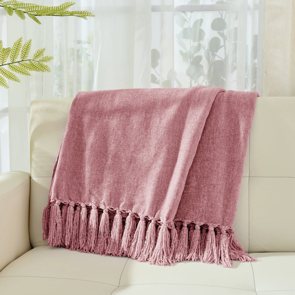 Super Soft Flannel Chenille Throw Blanket with Fringe Tassel for Couch Sofa Chair Bed, Mauve 50" X 70" - Luxury Knitted Decorative Throw Blanket with Fringes Detail