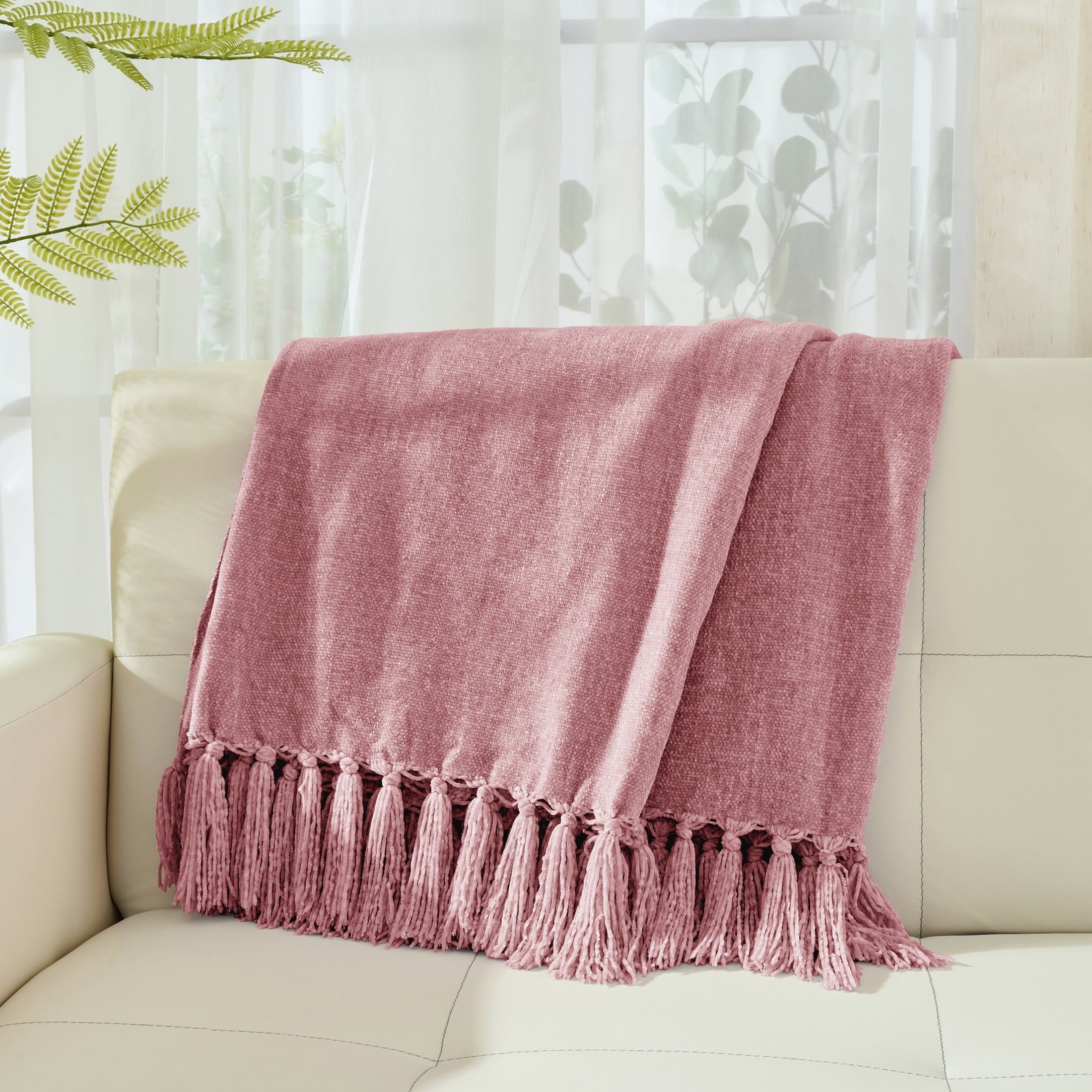 Super Soft Flannel Chenille Throw Blanket with Fringe Tassel for Couch Sofa Chair Bed, Mauve 50" X 70" - Luxury Knitted Decorative Throw Blanket with Fringes Detail