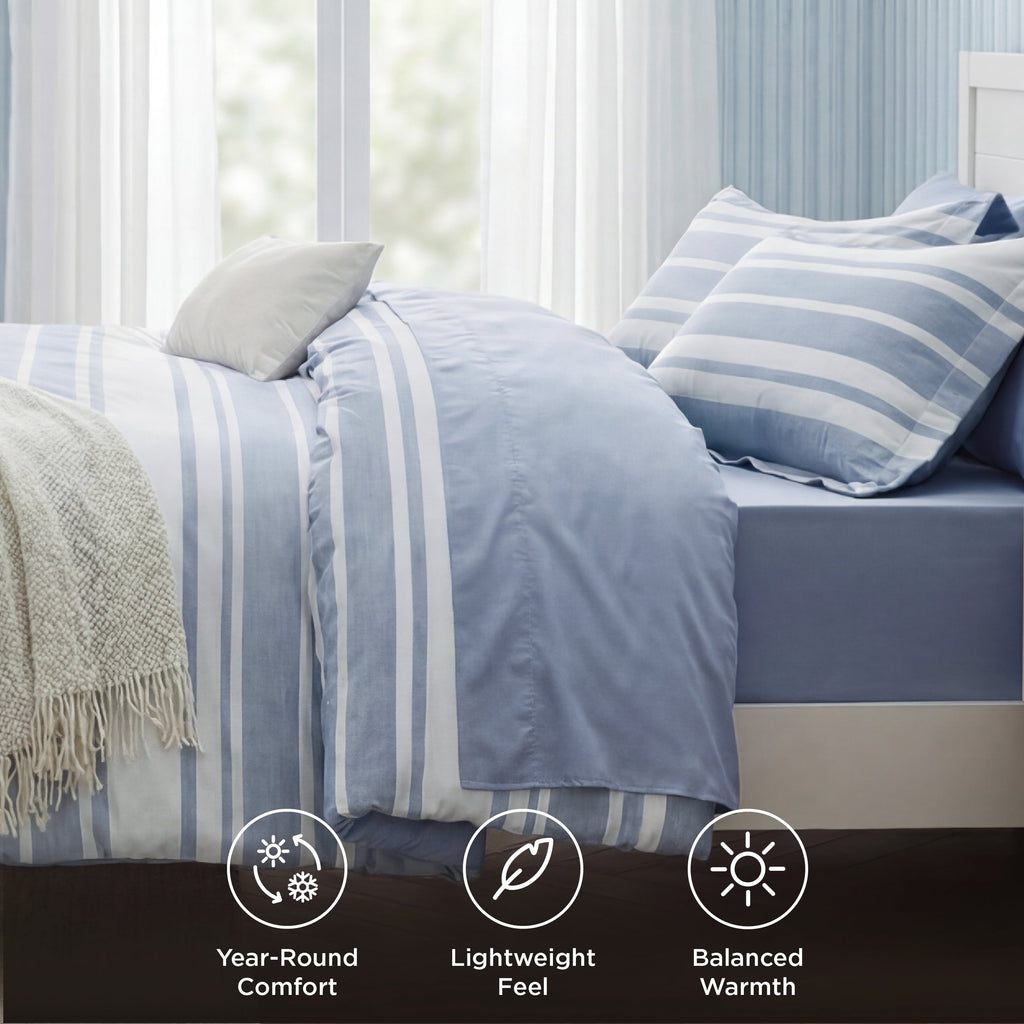 Heavyweight Warmth Queen Comforter Set Blue, Bed in a Bag Queen Size Bedding 7-Pieces, Striped Bedding Set for All Seasons - Cloud-Like Soft Lightweight Bed Comforter Detail