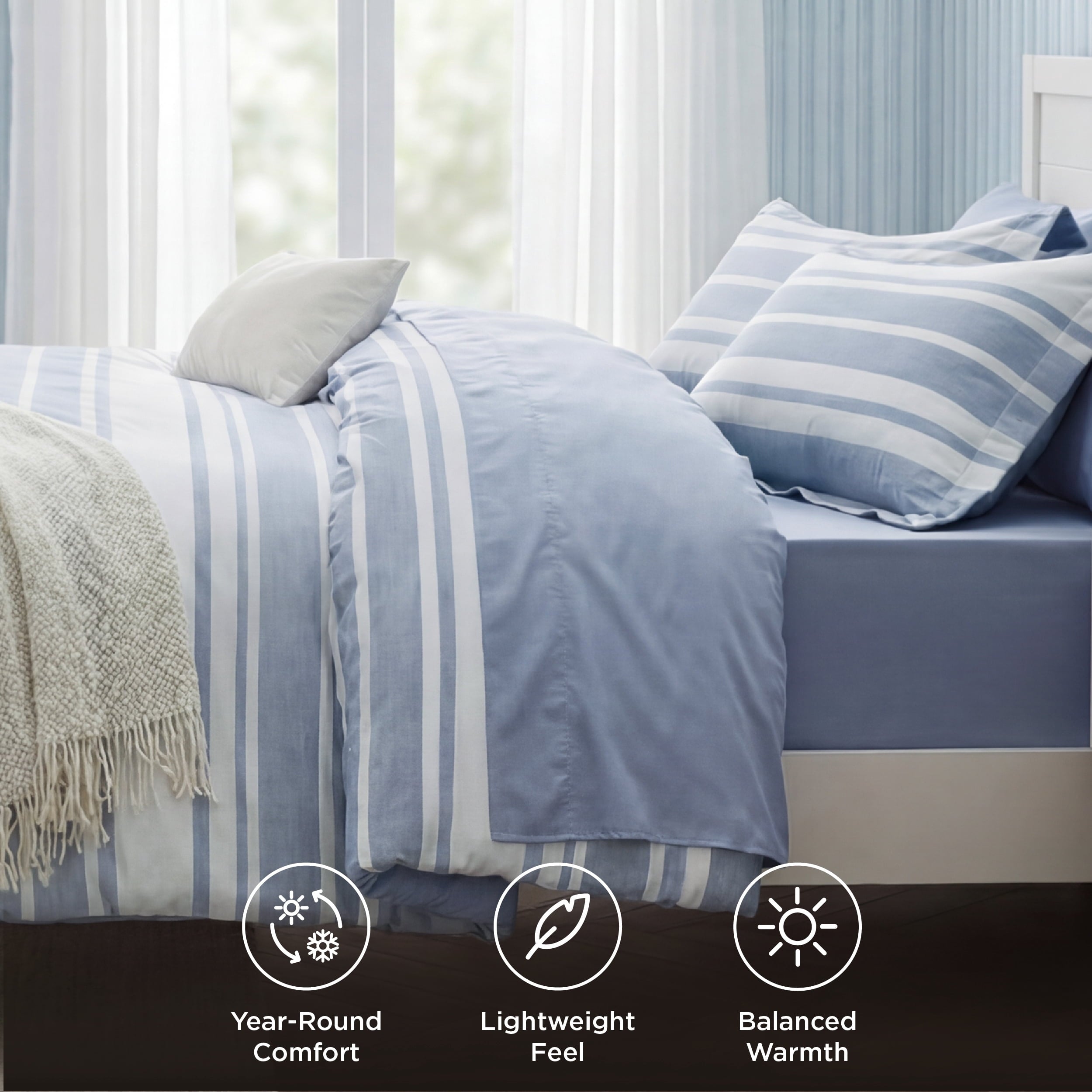Heavyweight Warmth Queen Comforter Set Blue, Bed in a Bag Queen Size Bedding 7-Pieces, Striped Bedding Set for All Seasons - Cloud-Like Soft Lightweight Bed Comforter Detail