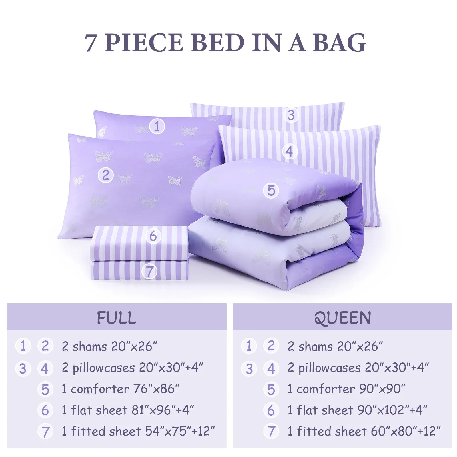 Fluffy Down Alternative gold foil Design 7-piece Bed in a Bag Comforter Set with Sheets,Purple/Silver Butterflies,Full - Cloud-Like Soft Lightweight Bed Comforter Detail