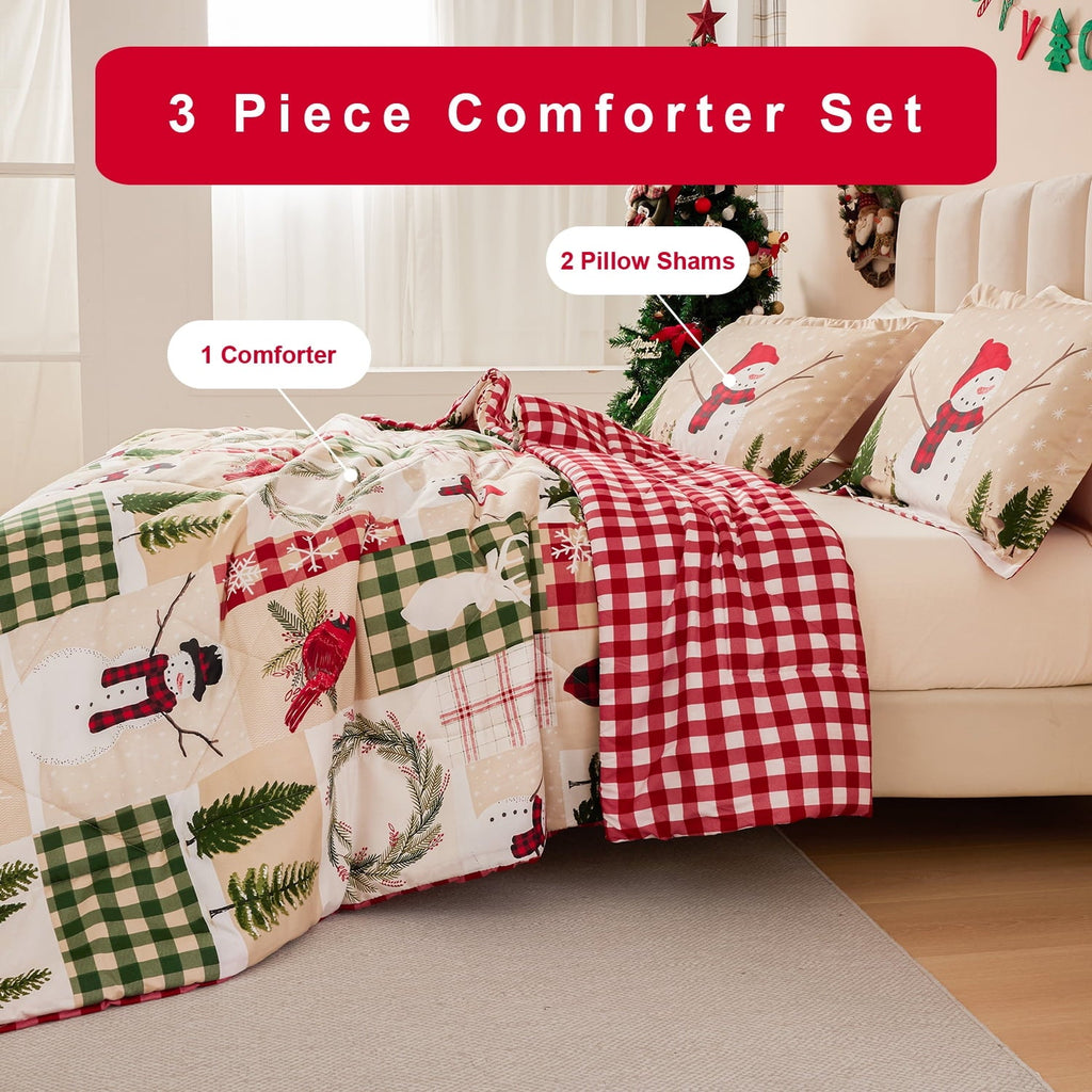 Luxurious Quilted 3 Pcs Christmas Comforter Set, Bed in a Bag Wreath Snowman Queen/Full Size Xmas Bedding Set Fitted Pillowcases for Adult - Hypoallergenic Ultra-Fluffy Quilt for Winter Detail