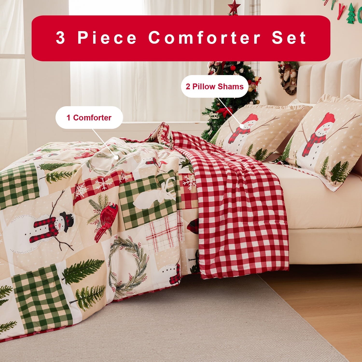 Luxurious Quilted 3 Pcs Christmas Comforter Set, Bed in a Bag Wreath Snowman Queen/Full Size Xmas Bedding Set Fitted Pillowcases for Adult - Hypoallergenic Ultra-Fluffy Quilt for Winter Detail