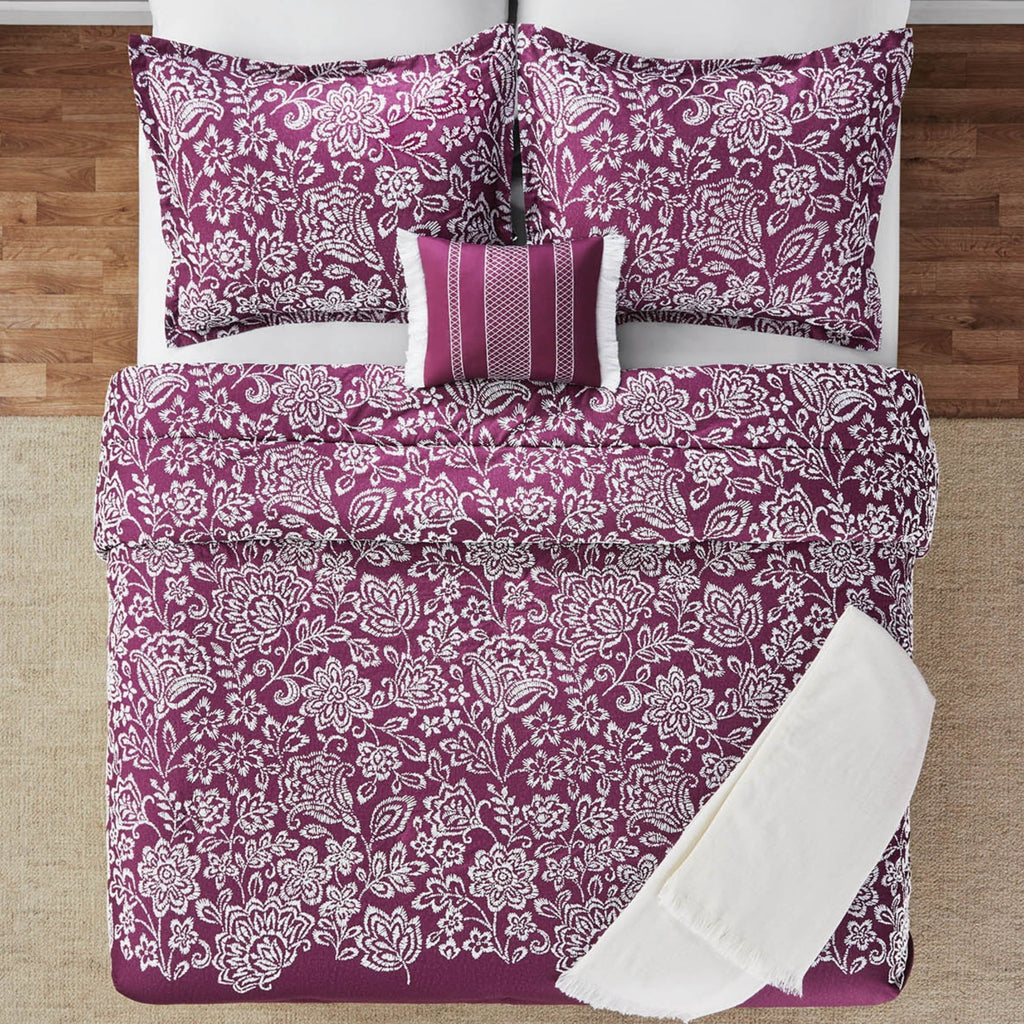 Luxurious Quilted 5-Piece Jacquard Comforter Set with Decor Pillow and Throw Purple Flocking Embroidery Bedding Set, Full/Queen - Cloud-Like Soft Lightweight Bed Comforter Detail