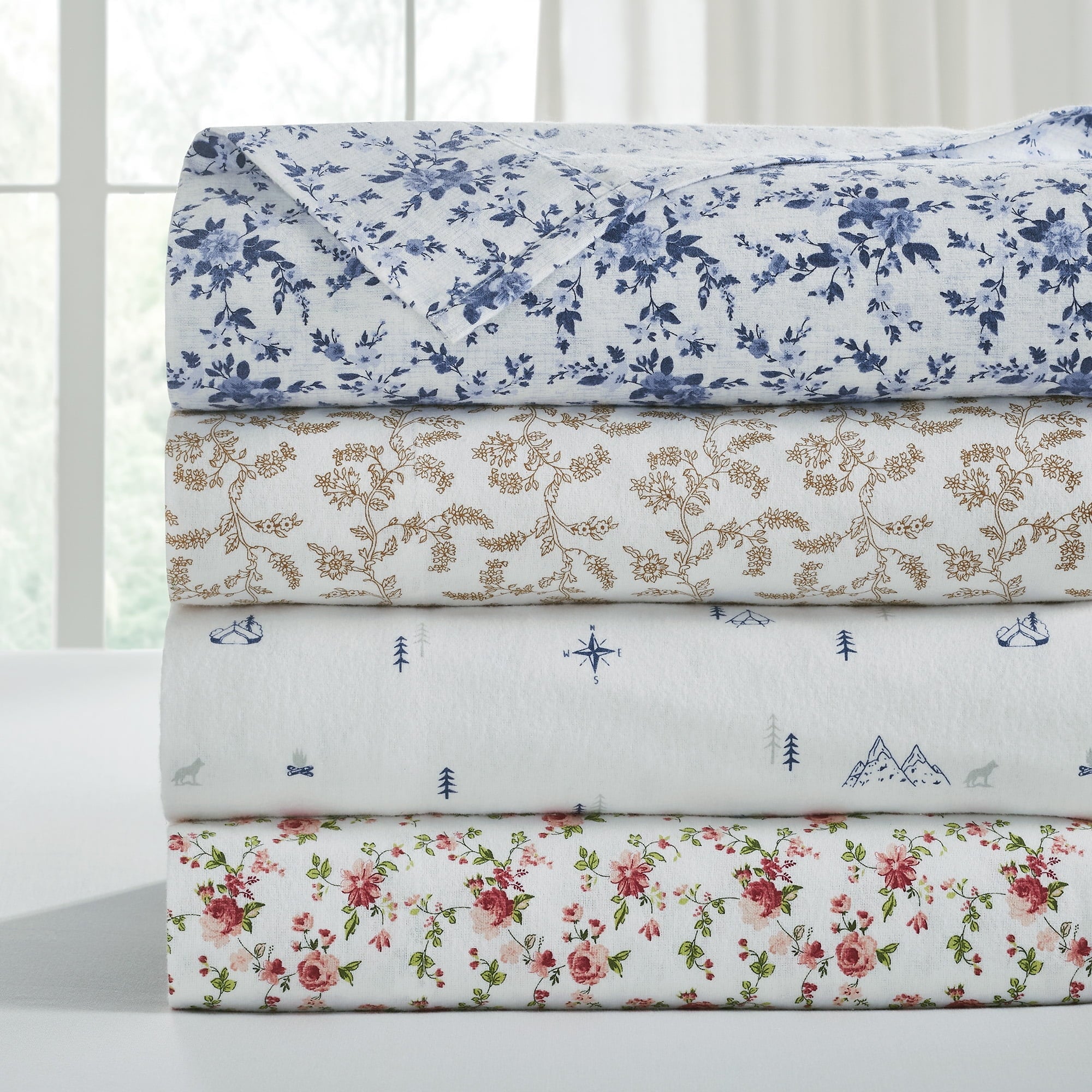 Breathable Luxury 3-Piece Brittany Printed Cotton Flannel Adult Bed Sheet Set, Twin - Cooling Hotel Quality Bedding Sheets and Pillowcases Detail