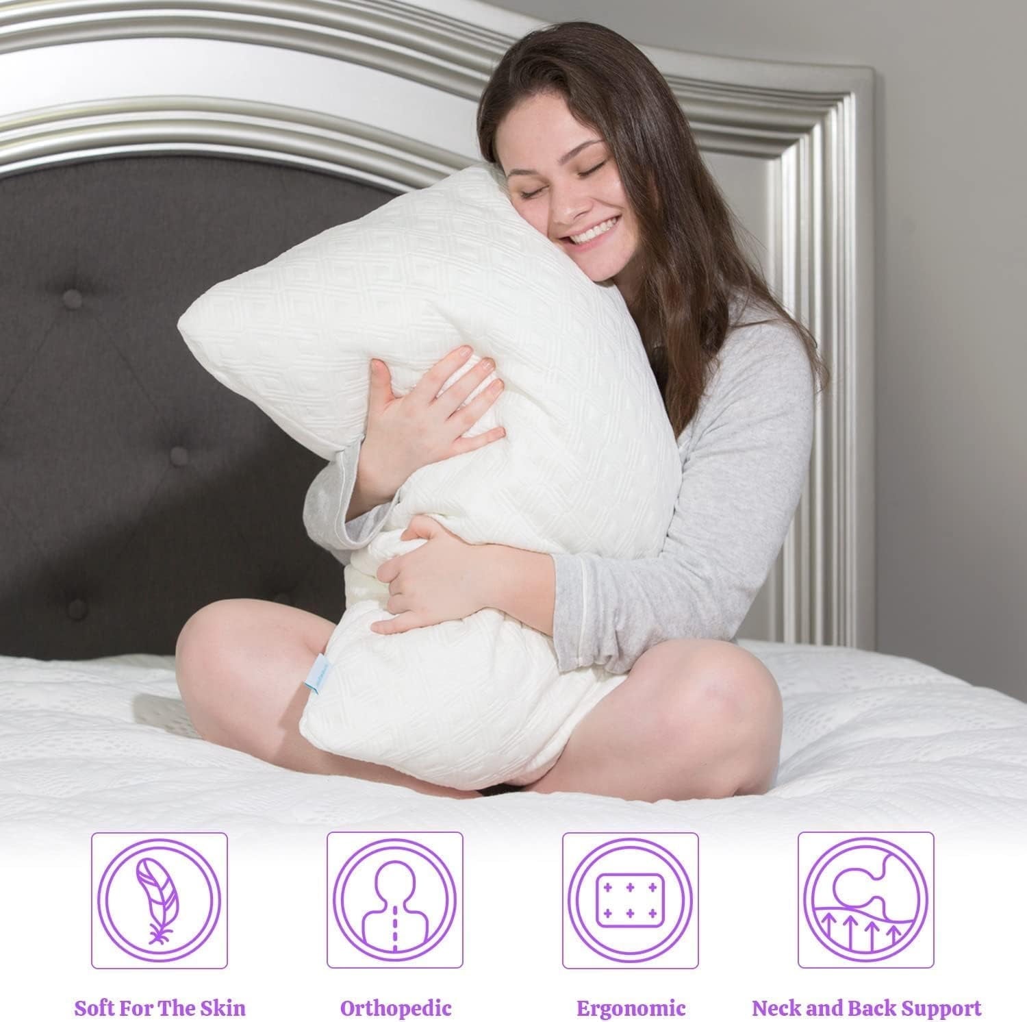 Orthopedic Support King Size Bamboo Pillow, Memory Foam Bed Pillows with Washable Pillowcases, King - Decorative Throw Pillow Cushion for Sofa & Bed Detail