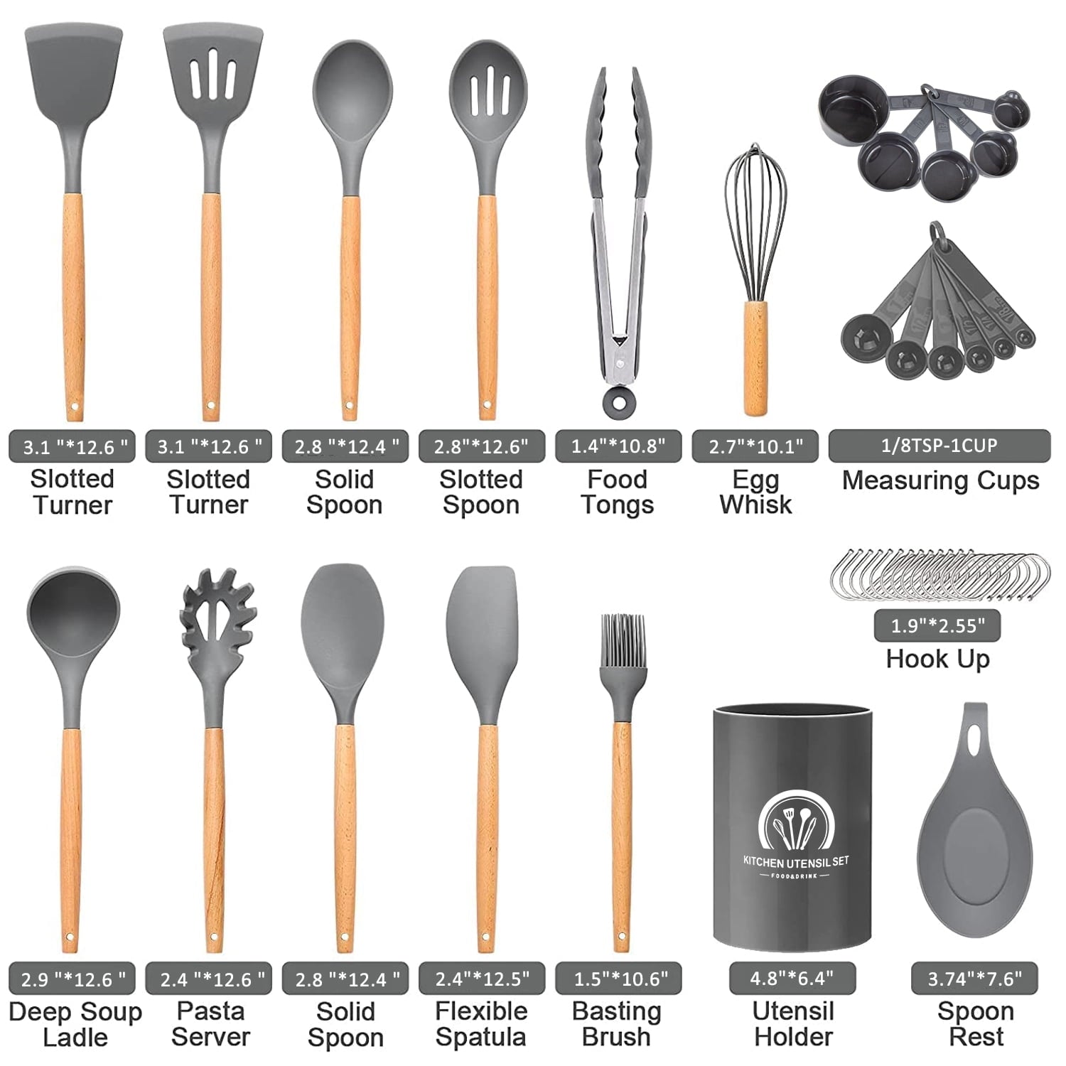 Seamless One-Piece Silicone Cooking Utensils Set, 446°F Heat Resistant Wooden Handle Cooking Kitchen Utensils Spatula Set with Holder fo... - Ergonomic Kitchen Tongs and Cooking Spoon Utensil Detail