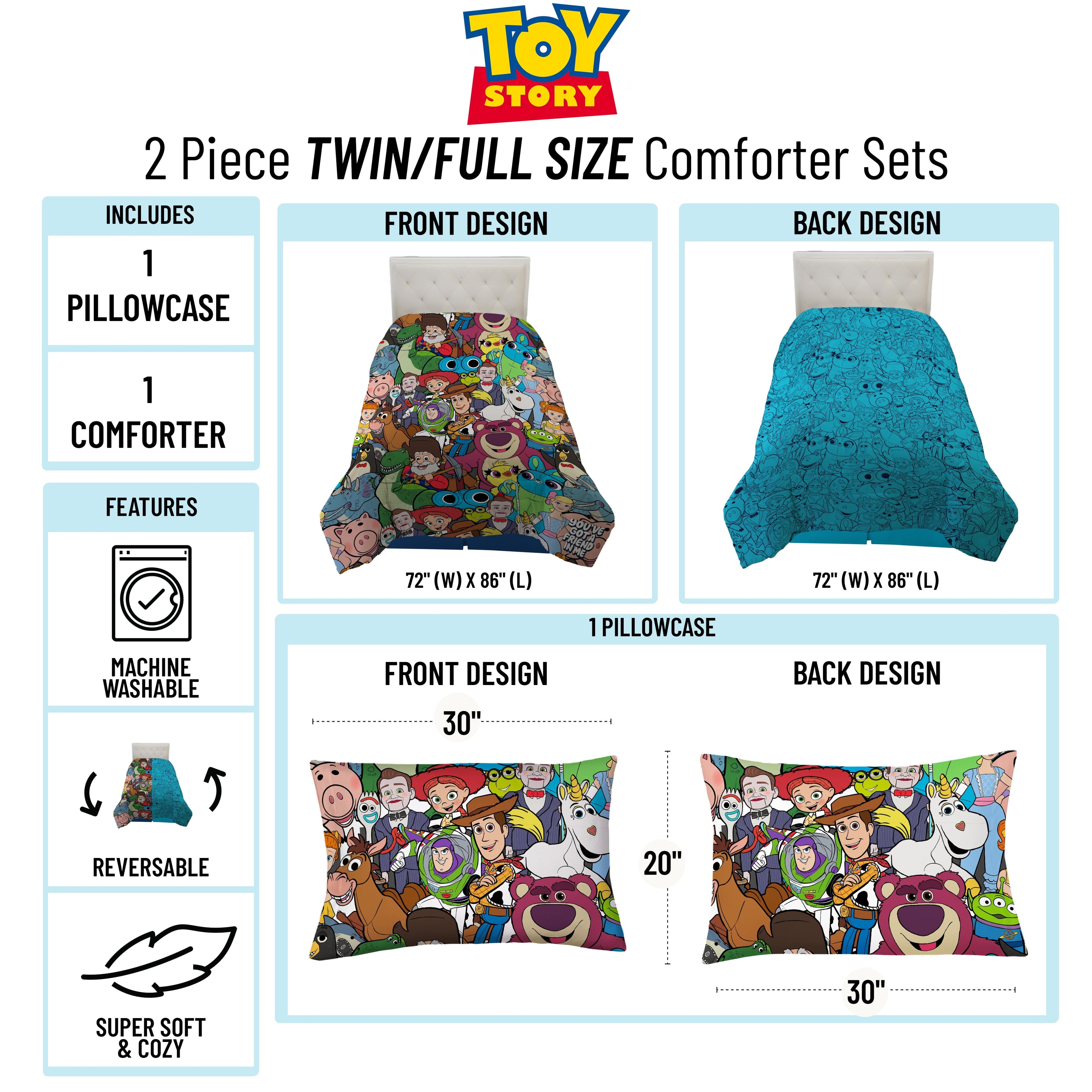 Heavyweight Warmth You've Got a Friend Reversible Comforter and Pillowcase Set, Twin/Full, Kids Bedding - All-Season Down Alternative Comforter Insert Detail