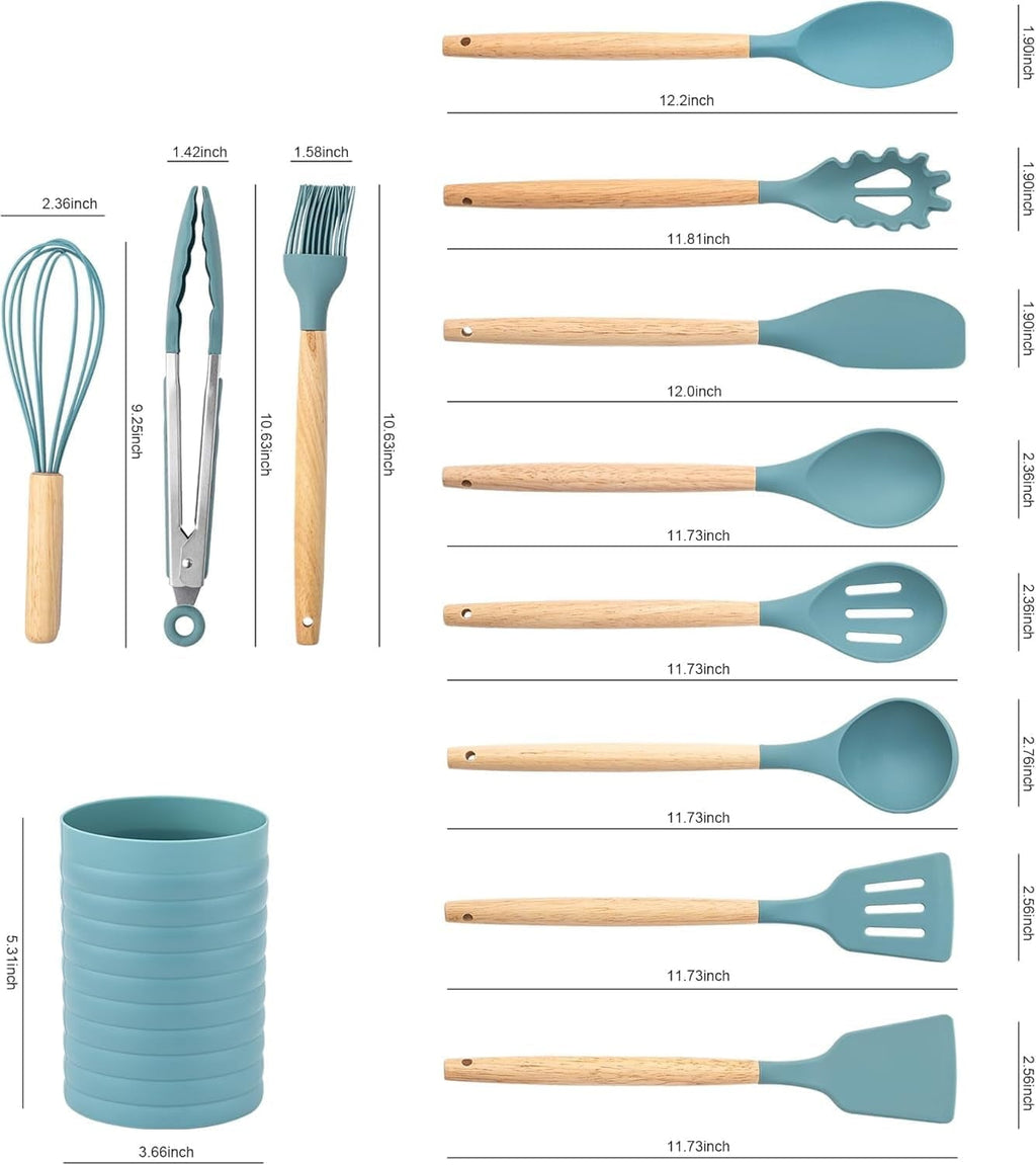 Premium Silicone Small Silicone Cooking Utensils with Holder Set (12Pack), Aqua Kitchen Tools with Wooden Handle for Nonstick... - Premium Stainless Steel Cooking Utensil for Non-Stick Pots Detail
