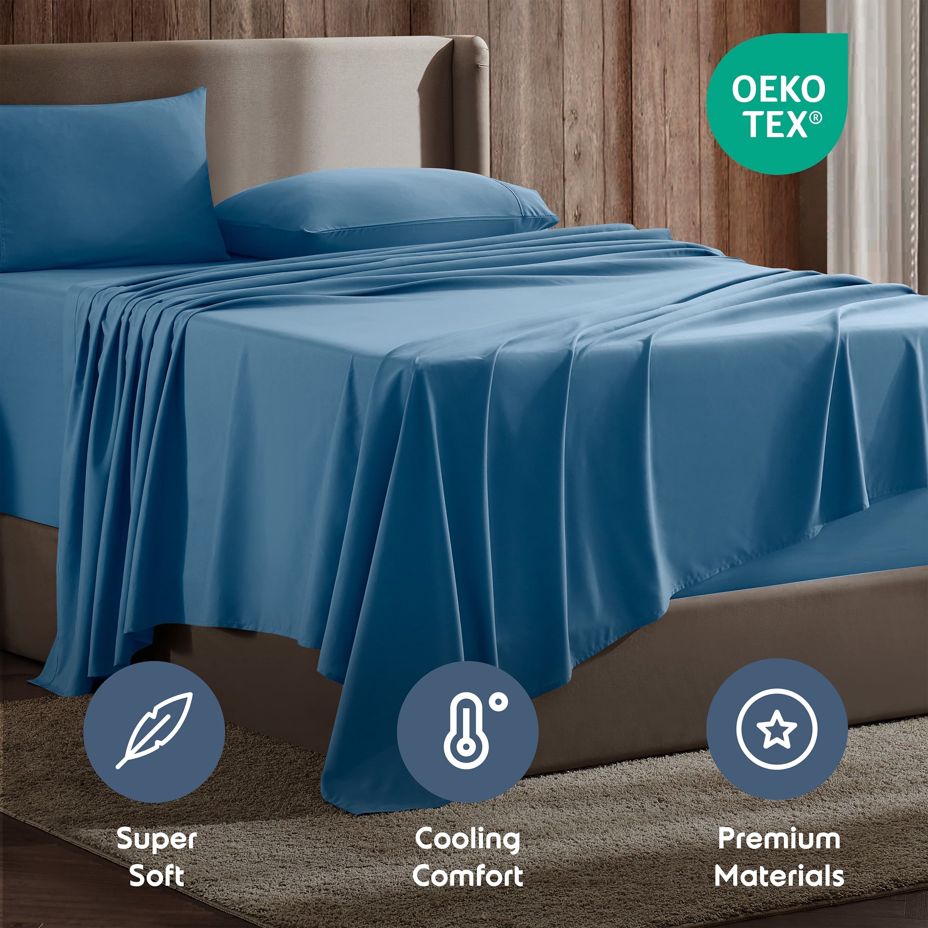 Cooling Sateen Split King Sheet Sets, Deep Pocket 5 Piece, Luxury Soft Microfiber Bed Sheet Sets, BLUE HEAVEN - Breathable Egyptian Cotton Flat & Fitted Sheets Detail