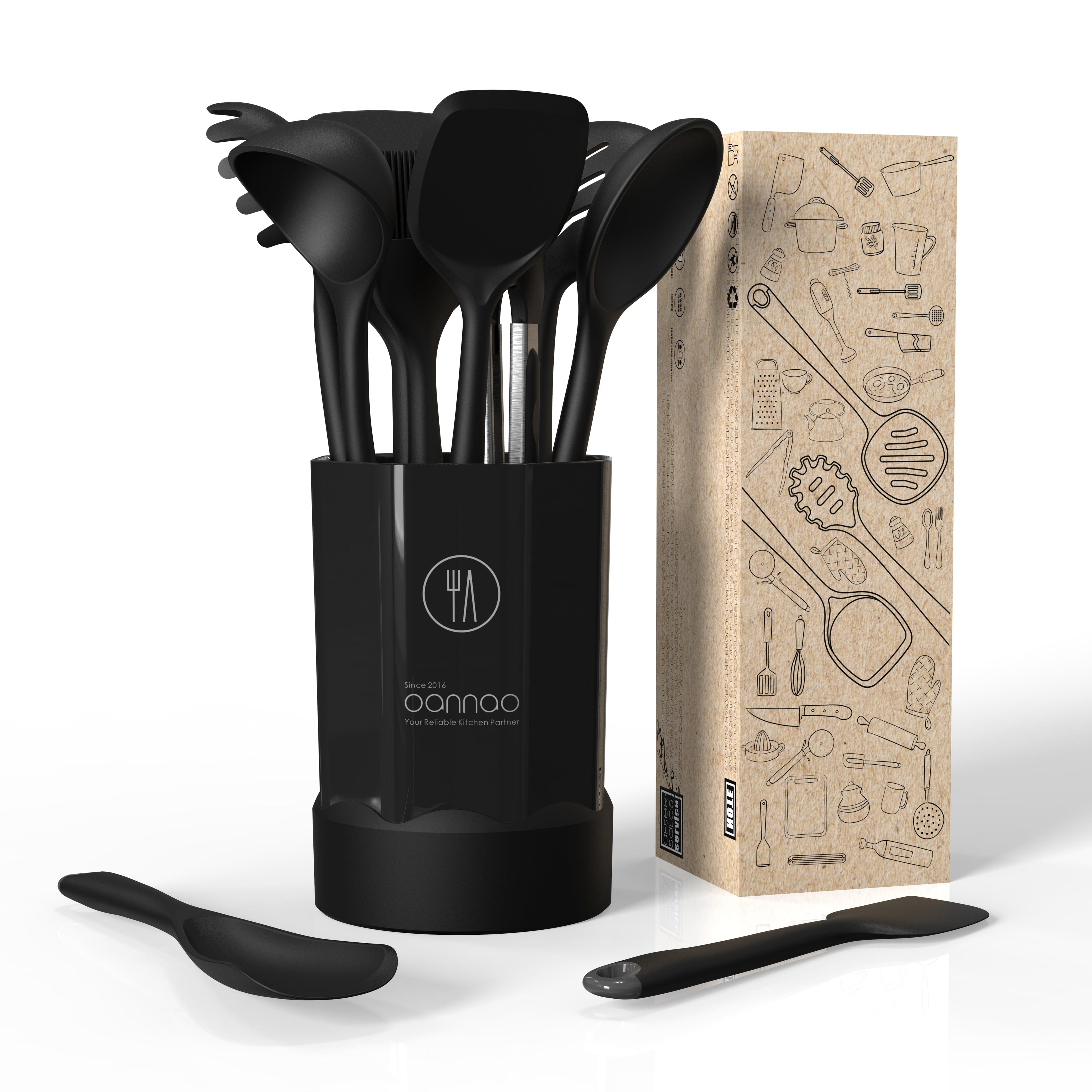 Non-Stick Safe Silicone Kitchen Utensils Set, 600°F Heat Resistant Silicone Cooking Utensils, Spatula, Spoon, Whisk, Tongs, Kitchen ... - Ergonomic Kitchen Tongs and Cooking Spoon Utensil Detail