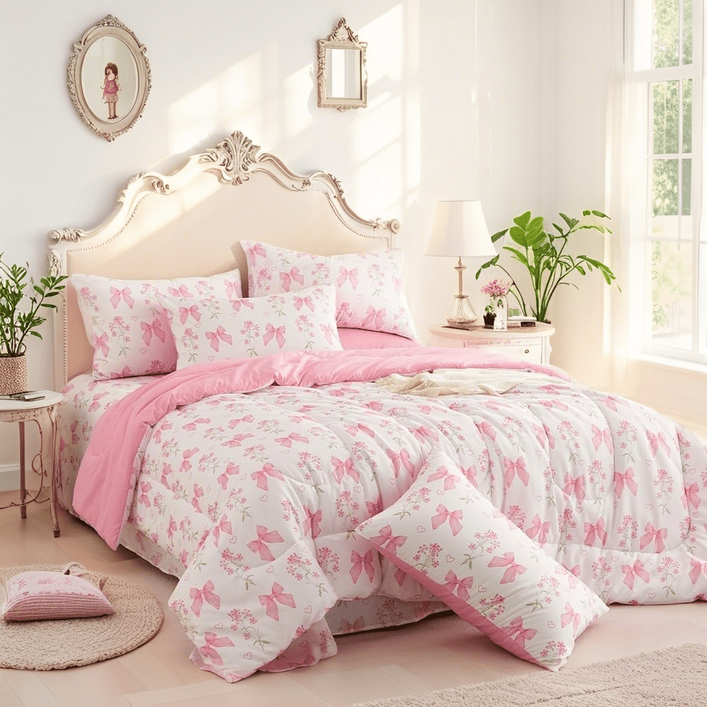 Hypoallergenic Cloud Pink Bowknot Girls Comforter Set Twin Size, 3 Pieces Bows Princess Style Bedding Set for Girls for All Season - Hypoallergenic Ultra-Fluffy Quilt for Winter Detail