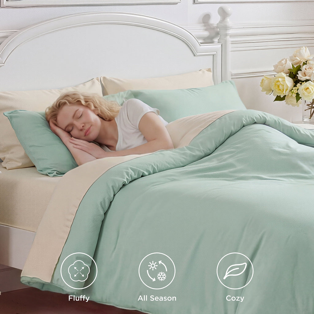 Fluffy Down Alternative Queen Comforter Set Sage Green, 7 Pieces Lightweight Queen Bedding Sets, Contrasting Design - All-Season Down Alternative Comforter Insert Detail